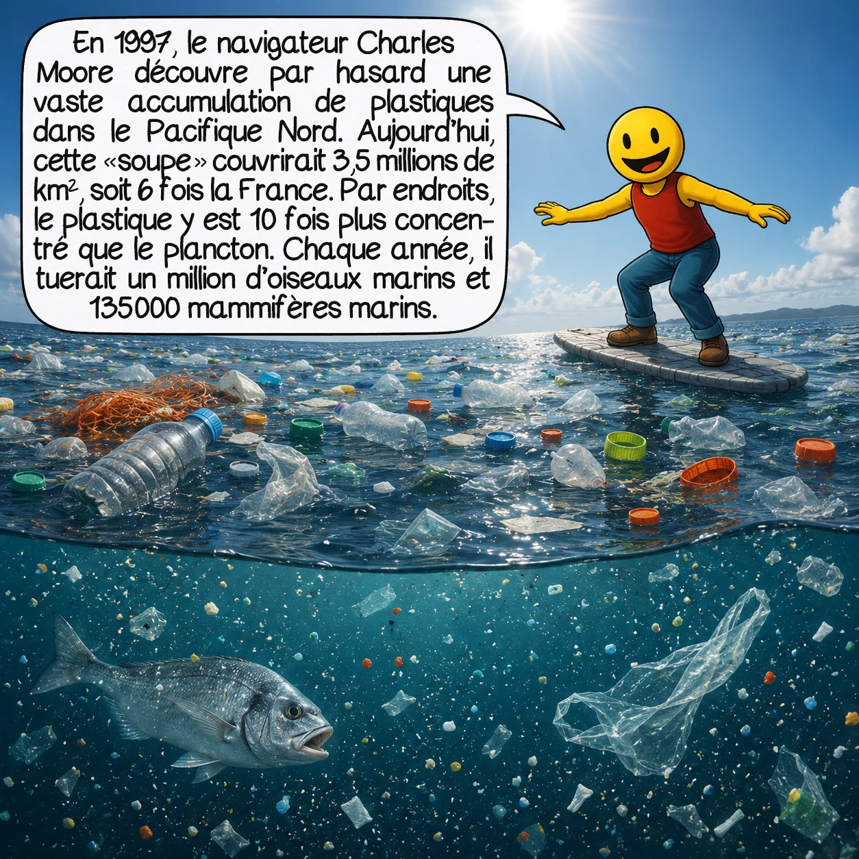 Le plastique, case 6 : En 1997, le navigateur Charles Moore découvre par hasard, en rentrant d’une régate Los Angeles-Hawaï, une zone d’accumulation de déchets plastiques dans le Pacifique Nord. Aujourd’hui, cette « soupe » s’étend sur 3,5 millions de km², soit six fois la superficie de la France. En certains endroits, le plastique est 10 fois plus concentré que le plancton. Un million d’oiseaux marins et 135 000 mammifères marins en meurent chaque année.
