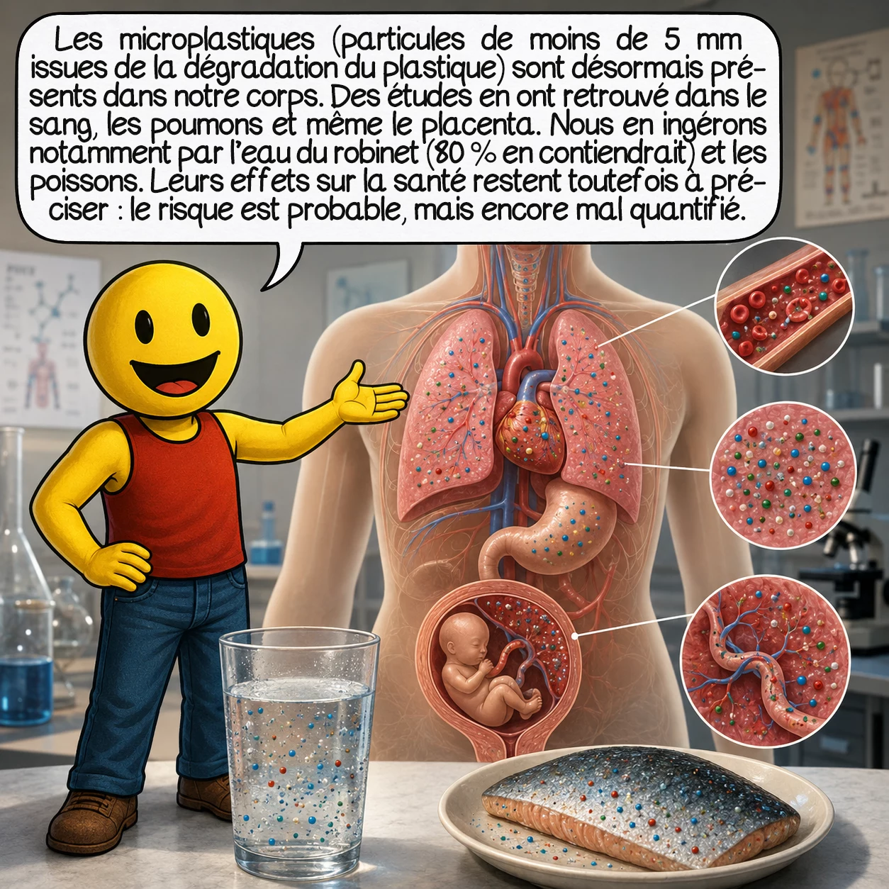 Le plastique, case 7 : Les microplastiques (particules de moins de 5 mm issues de la dégradation du plastique) sont maintenant dans notre corps. Études à l’appui : on en a trouvé dans le sang, les poumons, et même le placenta de bébés à naître. Nous en ingérons par l’eau du robinet (80 % en contient) et par les poissons. Mais attention : les effets réels sur la santé humaine restent encore en cours d’étude. Le danger est probable, mais pas encore totalement quantifié.