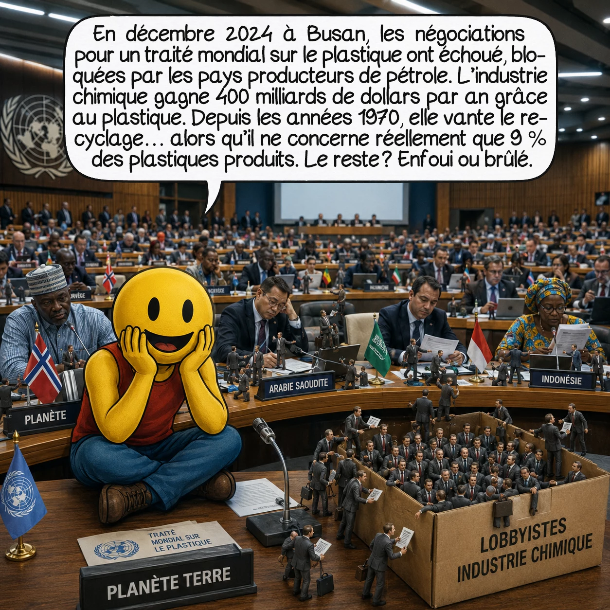 Le plastique, case 8 : En décembre 2024 à Busan, les négociations pour un traité mondial sur le plastique ont échoué. Les pays producteurs de pétrole ont bloqué toute mesure contraignante. Ce n’est pas un hasard : l’industrie chimique gagne 400 milliards de dollars par an avec le plastique. Depuis les années 1970, elle finance des campagnes vantant le recyclage… tout en sachant qu’il ne fonctionne vraiment que pour 9 % des plastiques produits. Le reste ? Enfoui ou brûlé.