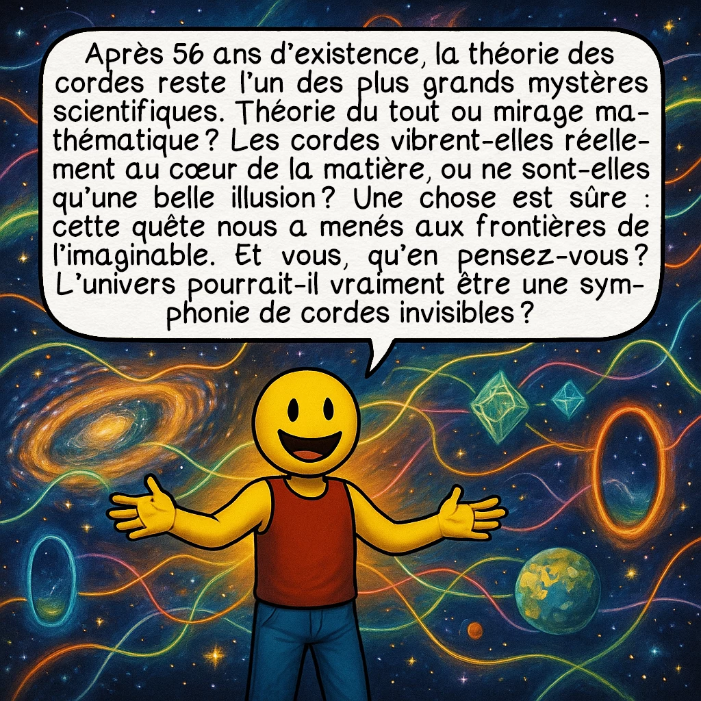 La théorie des cordes, case 10 : Après 56 ans d’existence, la théorie des cordes reste l’un des plus grands mystères scientifiques. Théorie du tout ou mirage mathématique ? Les cordes vibrent-elles réellement au cœur de la matière, ou ne sont-elles qu’une belle illusion ? Une chose est sûre : cette quête nous a menés aux frontières de l’imaginable. Et vous, qu’en pensez-vous ? L’univers pourrait-il vraiment être une symphonie de cordes invisibles ?