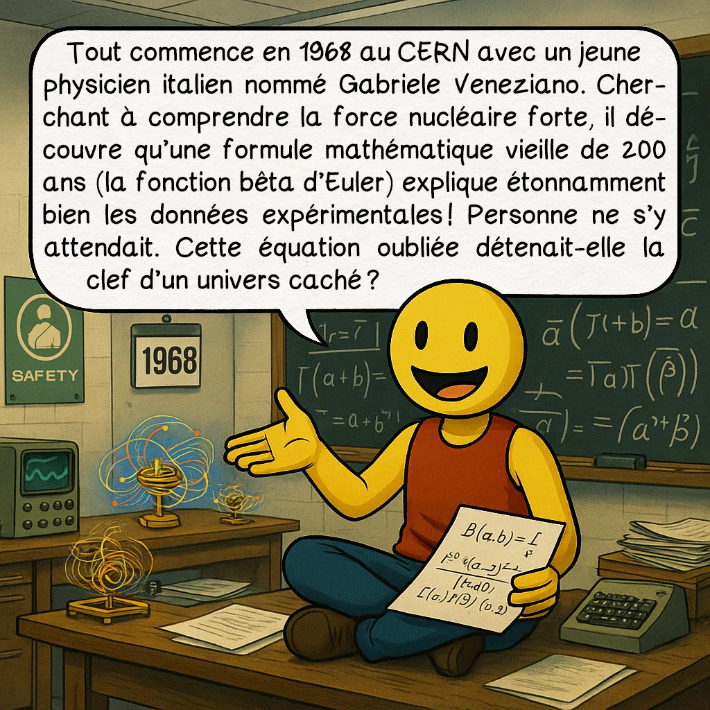 La théorie des cordes, case 2 : Tout commence en 1968 au CERN avec un jeune physicien italien nommé Gabriele Veneziano. Cherchant à comprendre la force nucléaire forte, il découvre qu’une formule mathématique vieille de 200 ans (la fonction bêta d’Euler) explique étonnamment bien les données expérimentales ! Personne ne s’y attendait. Cette équation oubliée détenait-elle la clef d’un univers caché ?
