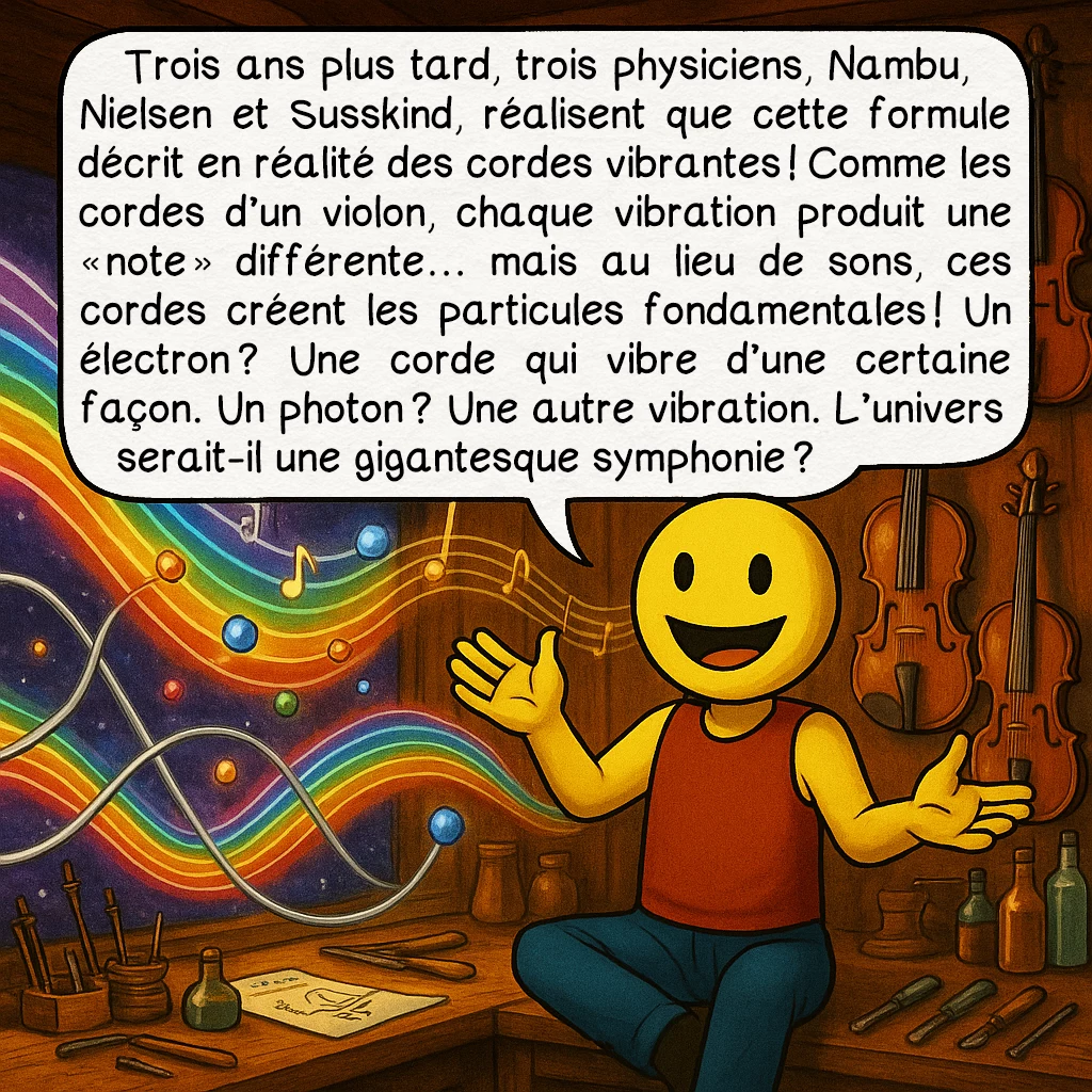 La théorie des cordes, case 3 : Trois ans plus tard, trois physiciens, Nambu, Nielsen et Susskind, réalisent que cette formule décrit en réalité des cordes vibrantes ! Comme les cordes d’un violon, chaque vibration produit une « note » différente… mais au lieu de sons, ces cordes créent les particules fondamentales ! Un électron ? Une corde qui vibre d’une certaine façon. Un photon ? Une autre vibration. L’univers serait-il une gigantesque symphonie ?