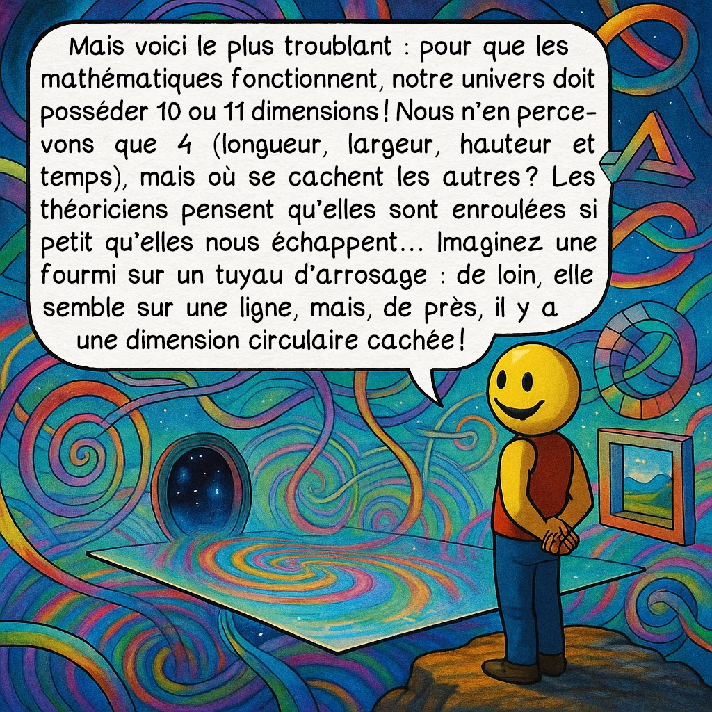 La théorie des cordes, case 4 : Mais voici le plus troublant : pour que les mathématiques fonctionnent, notre univers doit posséder 10 ou 11 dimensions ! Nous n’en percevons que 4 (longueur, largeur, hauteur et temps), mais où se cachent les autres ? Les théoriciens pensent qu’elles sont enroulées si petit qu’elles nous échappent… Imaginez une fourmi sur un tuyau d’arrosage : de loin, elle semble sur une ligne, mais, de près, il y a une dimension circulaire cachée !