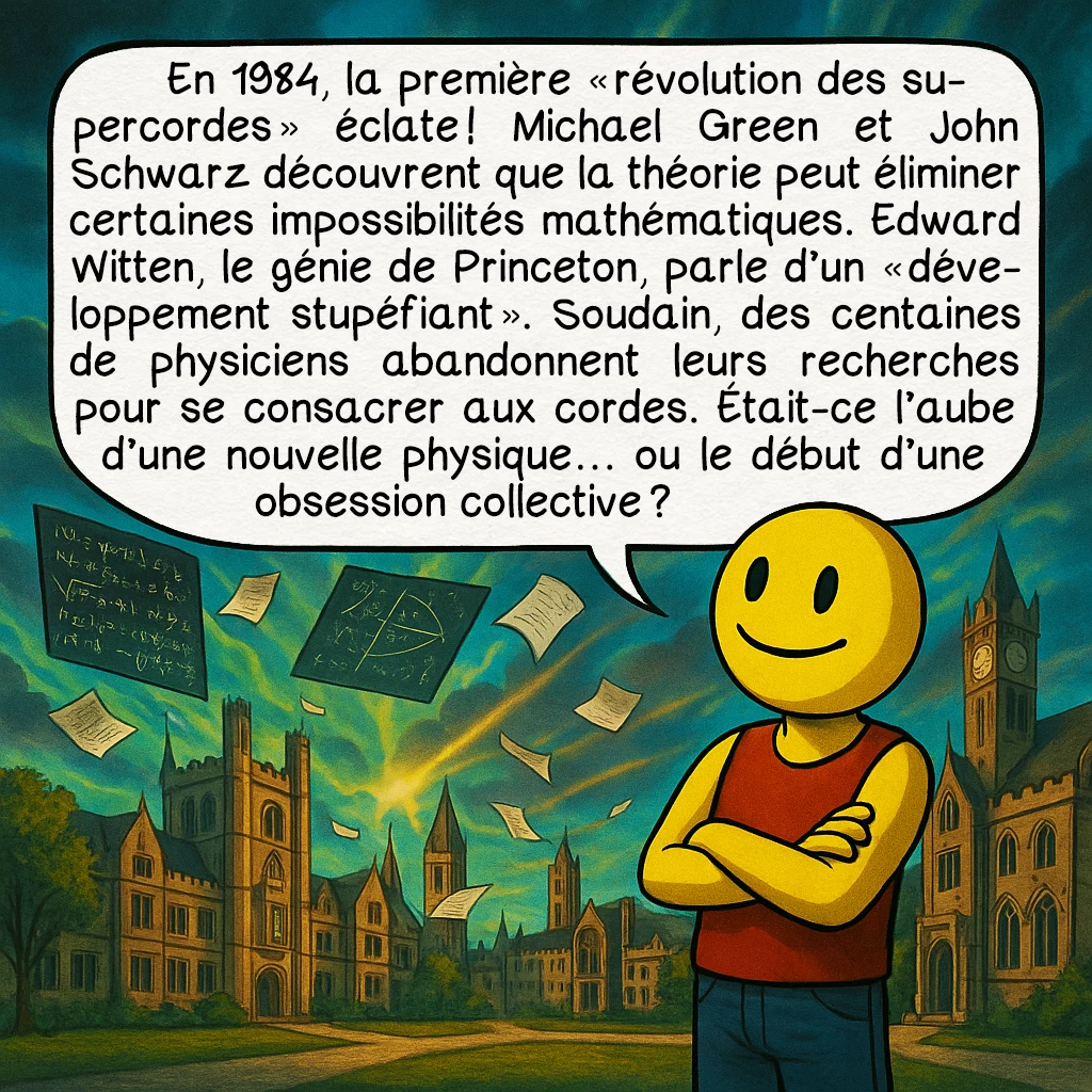 La théorie des cordes, case 5 : En 1984, la première « révolution des supercordes » éclate ! Michael Green et John Schwarz découvrent que la théorie peut éliminer certaines impossibilités mathématiques. Edward Witten, le génie de Princeton, parle d’un « développement stupéfiant ». Soudain, des centaines de physiciens abandonnent leurs recherches pour se consacrer aux cordes. Était-ce l’aube d’une nouvelle physique… ou le début d’une obsession collective ?