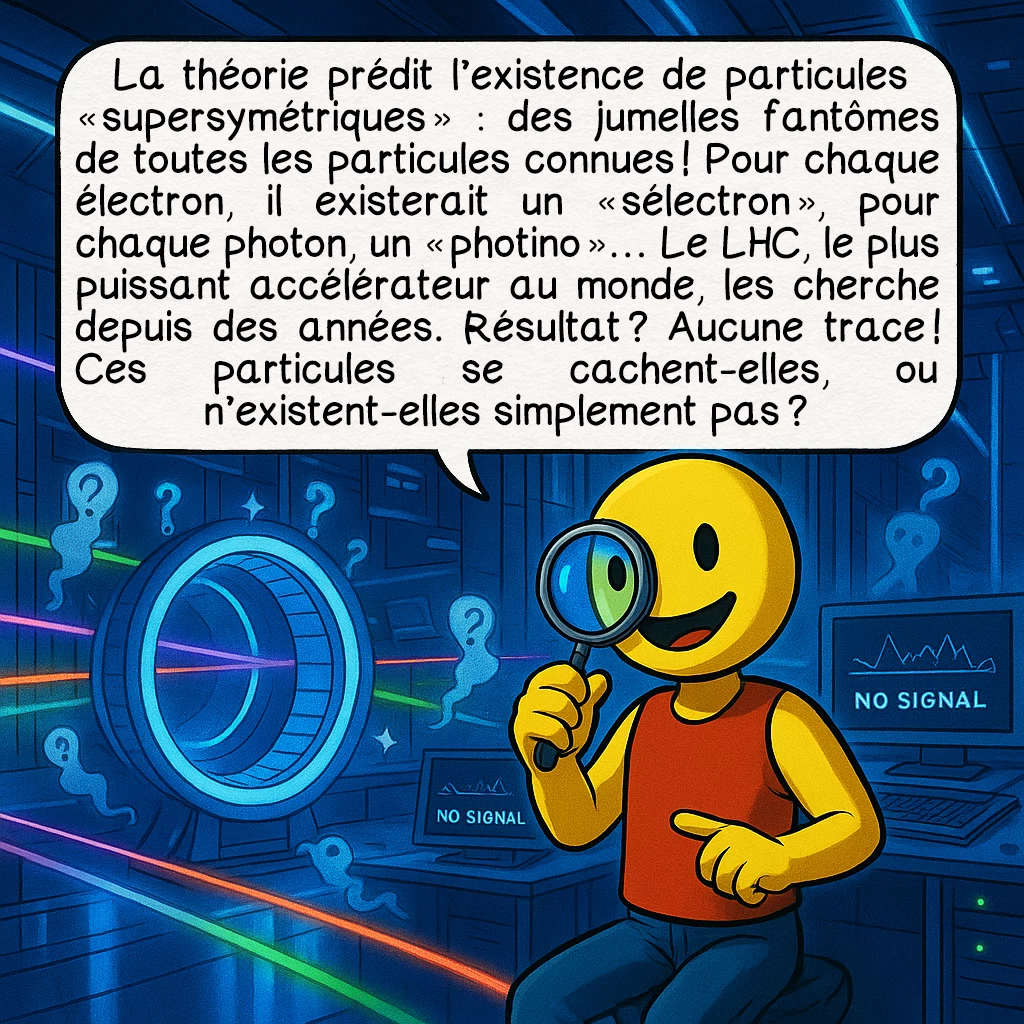 La théorie des cordes, case 6 : La théorie prédit l’existence de particules « supersymétriques » : des jumelles fantômes de toutes les particules connues ! Pour chaque électron, il existerait un « sélectron », pour chaque photon, un « photino »… Le LHC, le plus puissant accélérateur au monde, les cherche depuis des années. Résultat ? Aucune trace ! Ces particules se cachent-elles, ou n’existent-elles simplement pas ?