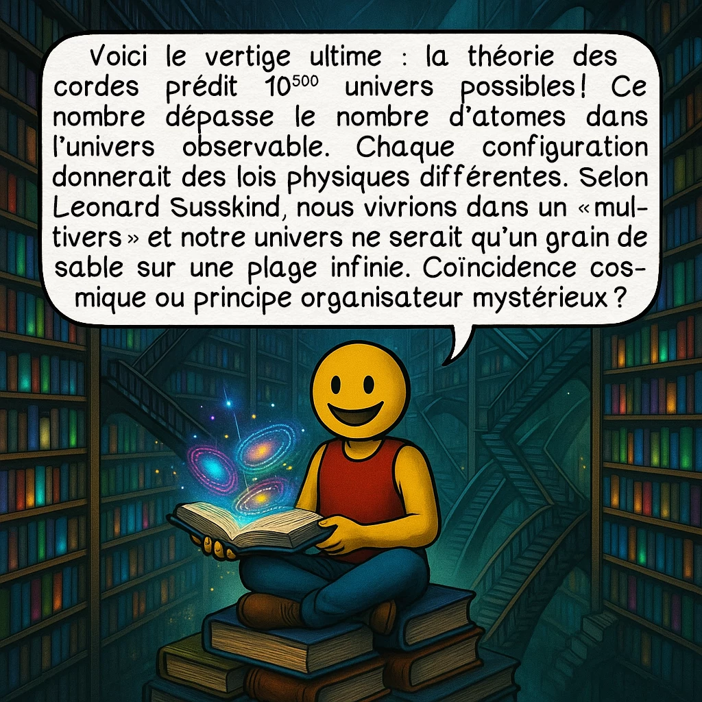 La théorie des cordes, case 7 : Voici le vertige ultime : la théorie des cordes prédit 10^500 univers possibles ! Ce nombre dépasse le nombre d’atomes dans l’univers observable. Chaque configuration donnerait des lois physiques différentes. Selon Leonard Susskind, nous vivrions dans un « multivers » et notre univers ne serait qu’un grain de sable sur une plage infinie. Coïncidence cosmique ou principe organisateur mystérieux ?