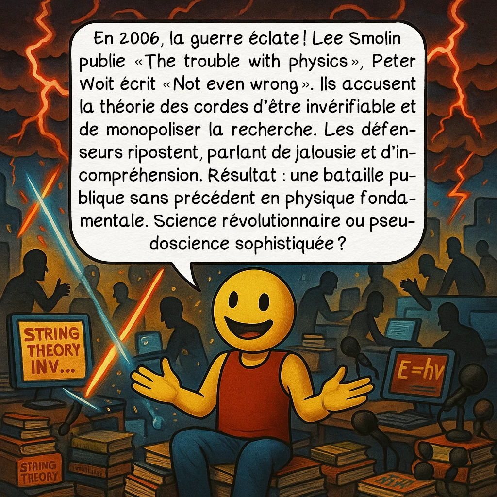 La théorie des cordes, case 8 : En 2006, la guerre éclate ! Lee Smolin publie « The trouble with physics », Peter Woit écrit « Not even wrong ». Ils accusent la théorie des cordes d’être invérifiable et de monopoliser la recherche. Les défenseurs ripostent, parlant de jalousie et d’incompréhension. Résultat : une bataille publique sans précédent en physique fondamentale. Science révolutionnaire ou pseudoscience sophistiquée ?