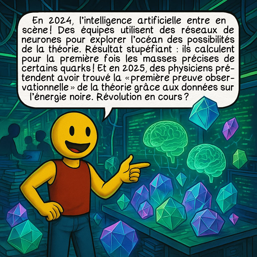 La théorie des cordes, case 9 : En 2024, l’intelligence artificielle entre en scène ! Des équipes utilisent des réseaux de neurones pour explorer l’océan des possibilités de la théorie. Résultat stupéfiant : ils calculent pour la première fois les masses précises de certains quarks ! Et en 2025, des physiciens prétendent avoir trouvé la « première preuve observationnelle » de la théorie grâce aux données sur l’énergie noire. Révolution en cours ?