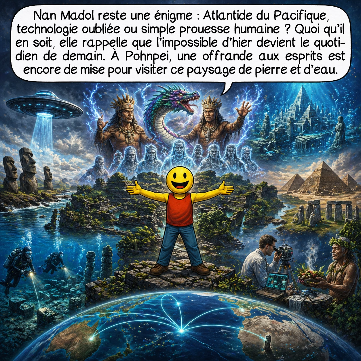 Nan Madol, case 10 : Nan Madol demeure une énigme totale. Atlantide du Pacifique ? Technologie extraterrestre ? Pouvoirs psychiques perdus ? Prouesse technique inexpliquée ? Peu importe la vérité : elle nous rappelle que l’impossible d’hier devient le quotidien de demain. Si vous visitez Pohnpei, n’oubliez pas l’offrande aux esprits — ils accueillent les visiteurs respectueux dans ce chant silencieux de pierre et d’eau.