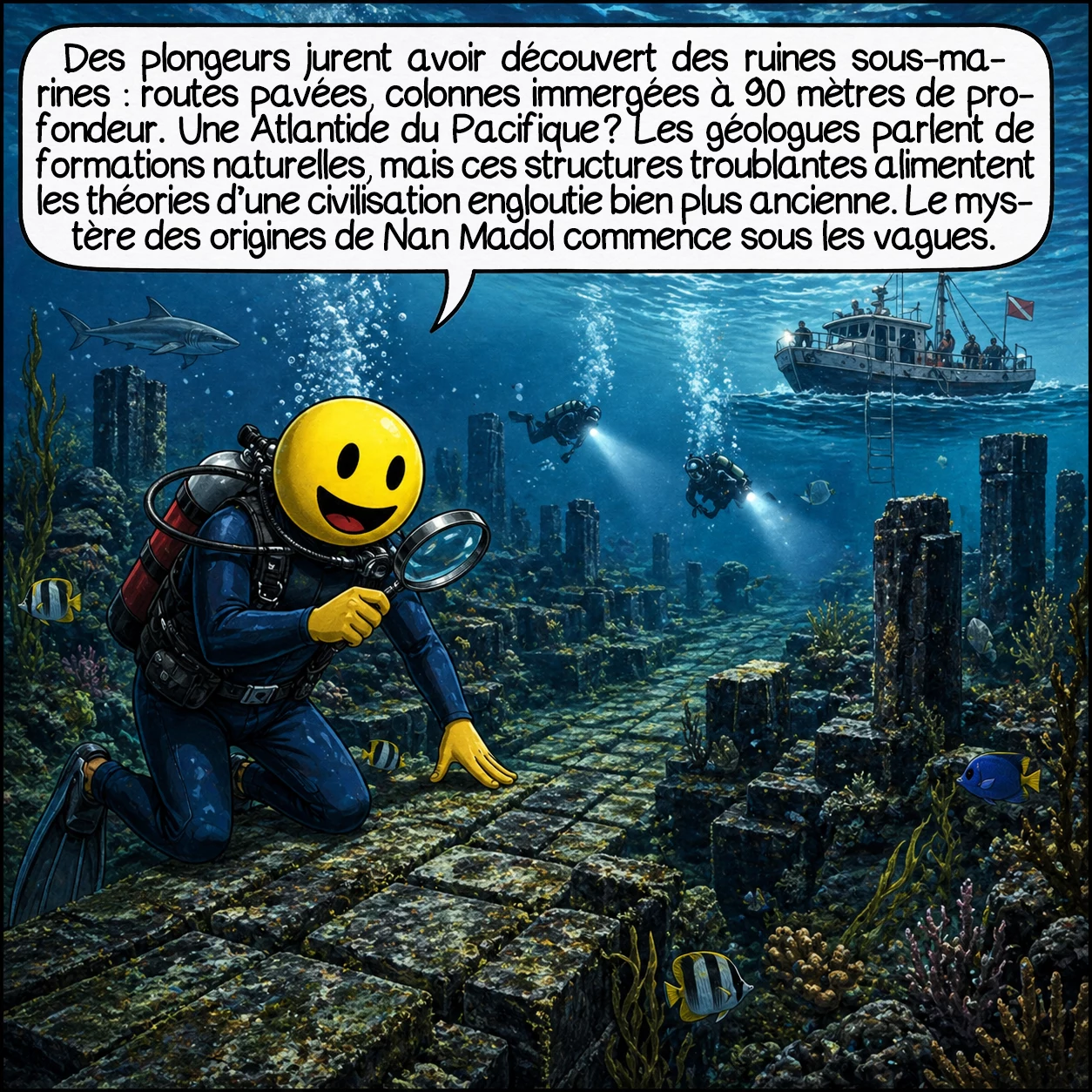 Nan Madol, case 2 : Des plongeurs jurent avoir découvert des ruines sous-marines : routes pavées, colonnes immergées à 90 mètres de profondeur. Une Atlantide du Pacifique ? Les géologues parlent de formations naturelles, mais ces structures troublantes alimentent les théories d’une civilisation engloutie bien plus ancienne. Le mystère des origines de Nan Madol commence sous les vagues.