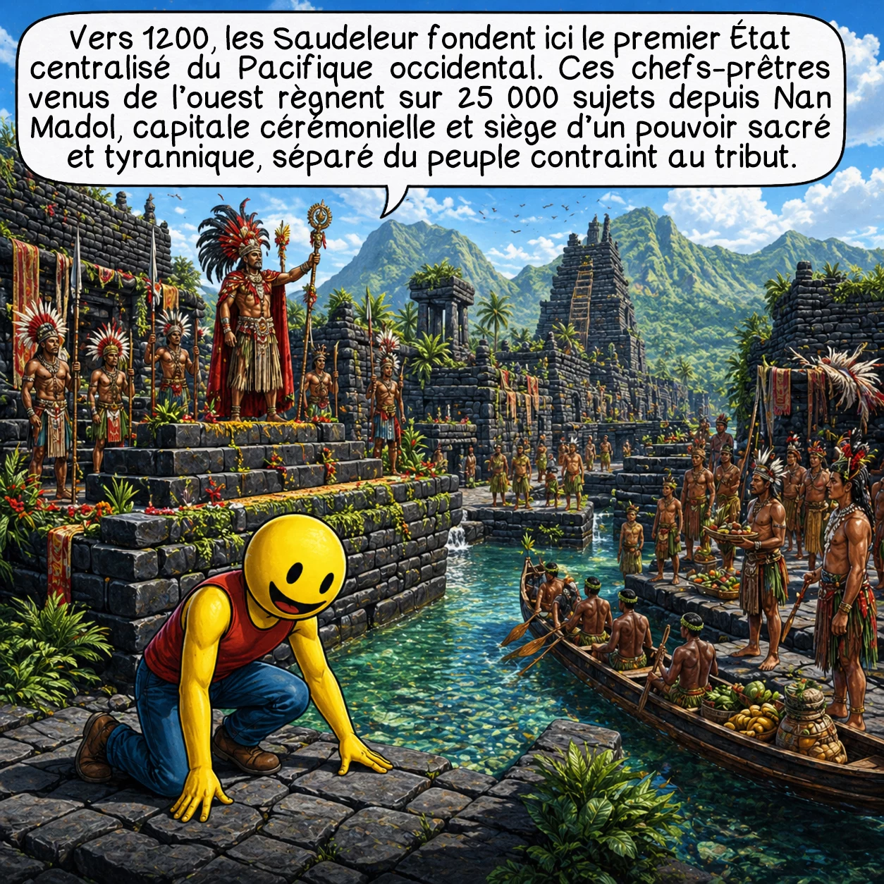 Nan Madol, case 3 : Vers 1200, les Saudeleur établissent ici le premier État centralisé du Pacifique occidental. Ces chefs prêtres venus de l’ouest règnent sur 25 000 sujets depuis cette capitale cérémonielle. Nan Madol devient le siège d’un pouvoir sacré et tyrannique, isolant délibérément l’élite du peuple qui vit sur l’île principale et paie un lourd tribut.