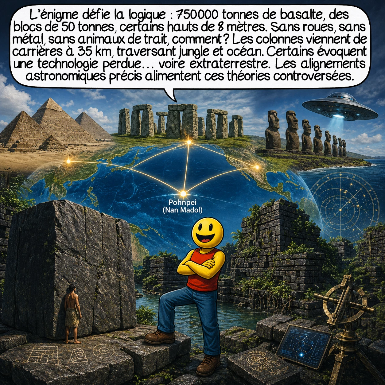 Nan Madol, case 4 : L’énigme défie la logique : 750 000 tonnes de basalte, des blocs de 50 tonnes, certains hauts de 8 mètres. Sans roues, sans métal, sans animaux de trait, comment ? Les colonnes viennent de carrières à 35 km, traversant jungle et océan. Certains évoquent une technologie perdue… voire extraterrestre. Les alignements astronomiques précis alimentent ces théories controversées.