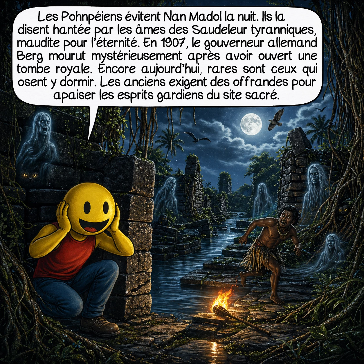 Nan Madol, case 5 : Les Pohnpéiens évitent Nan Madol la nuit. Ils la disent hantée par les âmes des Saudeleur tyranniques, maudite pour l’éternité. En 1907, le gouverneur allemand Berg mourut mystérieusement après avoir ouvert une tombe royale. Encore aujourd’hui, rares sont ceux qui osent y dormir. Les anciens exigent des offrandes pour apaiser les esprits gardiens du site sacré.