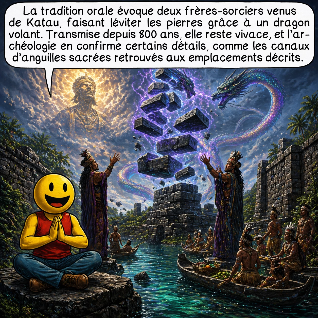 Nan Madol, case 6 : La tradition orale raconte l’arrivée de deux frères-sorciers d’une île mystérieuse à l’ouest, Katau. Avec l’aide d’un dragon volant, ils faisaient léviter les pierres géantes par magie. Cette légende, transmise sur 800 ans, reste vivace. Étrangement, l’archéologie confirme des détails précis des récits oraux, comme les canaux pour les anguilles sacrées retrouvés exactement où la tradition les plaçait.