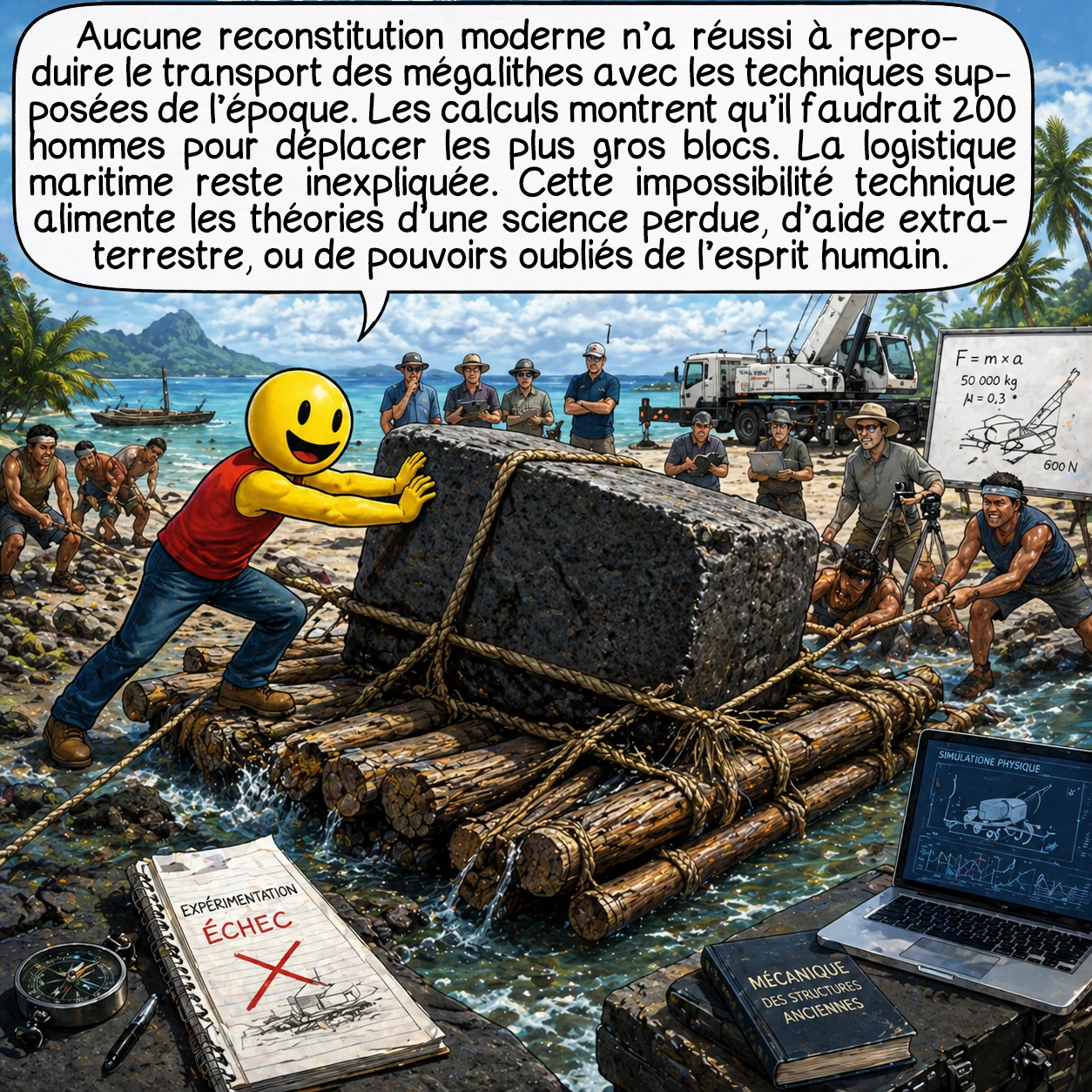 Nan Madol, case 7 : Aucune reconstitution moderne n’a réussi à reproduire le transport des mégalithes avec les techniques supposées de l’époque. Les calculs montrent qu’il faudrait 200 hommes pour déplacer les plus gros blocs. La logistique maritime reste inexpliquée. Cette impossibilité technique alimente les théories d’une science perdue, d’aide extraterrestre, ou de pouvoirs oubliés de l’esprit humain.