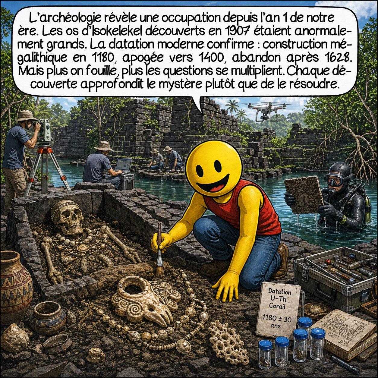 Nan Madol, case 8 : L’archéologie révèle une occupation depuis l’an 1 de notre ère. Les os d’Isokelekel découverts en 1907 étaient anormalement grands. La datation moderne confirme : construction mégalithique en 1180, apogée vers 1400, abandon après 1628. Mais plus on fouille, plus les questions se multiplient. Chaque découverte approfondit le mystère plutôt que de le résoudre.