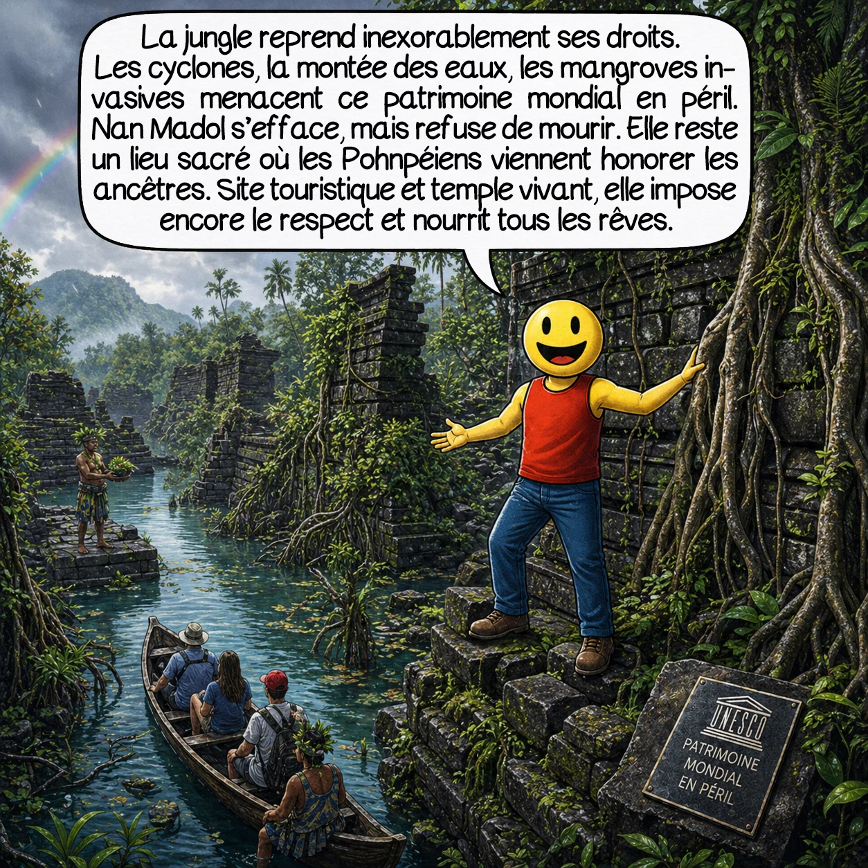 Nan Madol, case 9 : La jungle reprend inexorablement ses droits. Les cyclones, la montée des eaux, les mangroves invasives menacent ce patrimoine mondial en péril. Nan Madol s’efface, mais refuse de mourir. Elle reste un lieu sacré où les Pohnpéiens viennent honorer les ancêtres. Site touristique et temple vivant, elle impose encore le respect et nourrit tous les rêves.