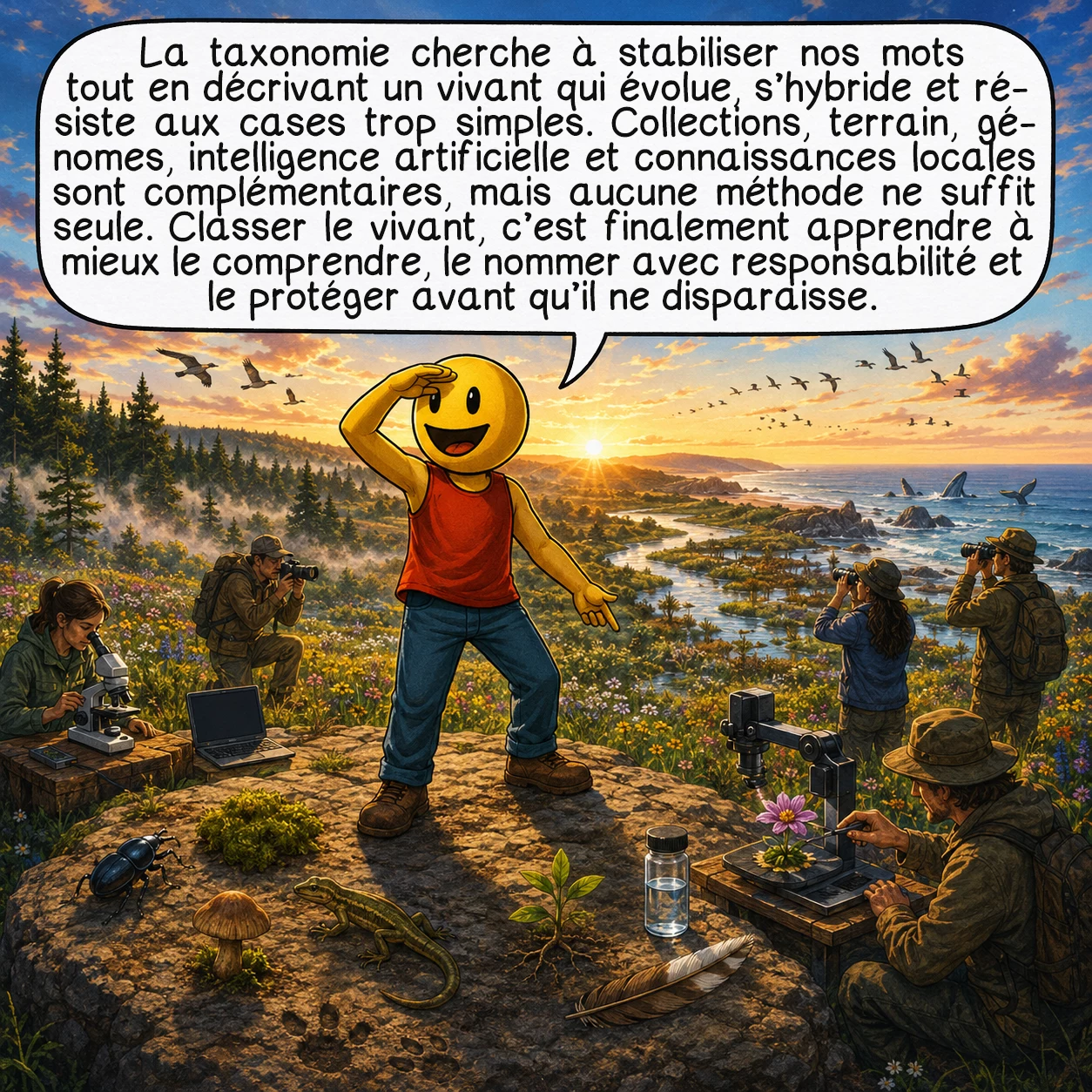 La taxonomie, case 10 : La taxonomie cherche à stabiliser nos mots tout en décrivant un vivant qui évolue, s’hybride et résiste aux cases trop simples. Collections, terrain, génomes, intelligence artificielle et connaissances locales sont complémentaires, mais aucune méthode ne suffit seule. Classer le vivant, c’est finalement apprendre à mieux le comprendre, le nommer avec responsabilité et le protéger avant qu’il ne disparaisse.