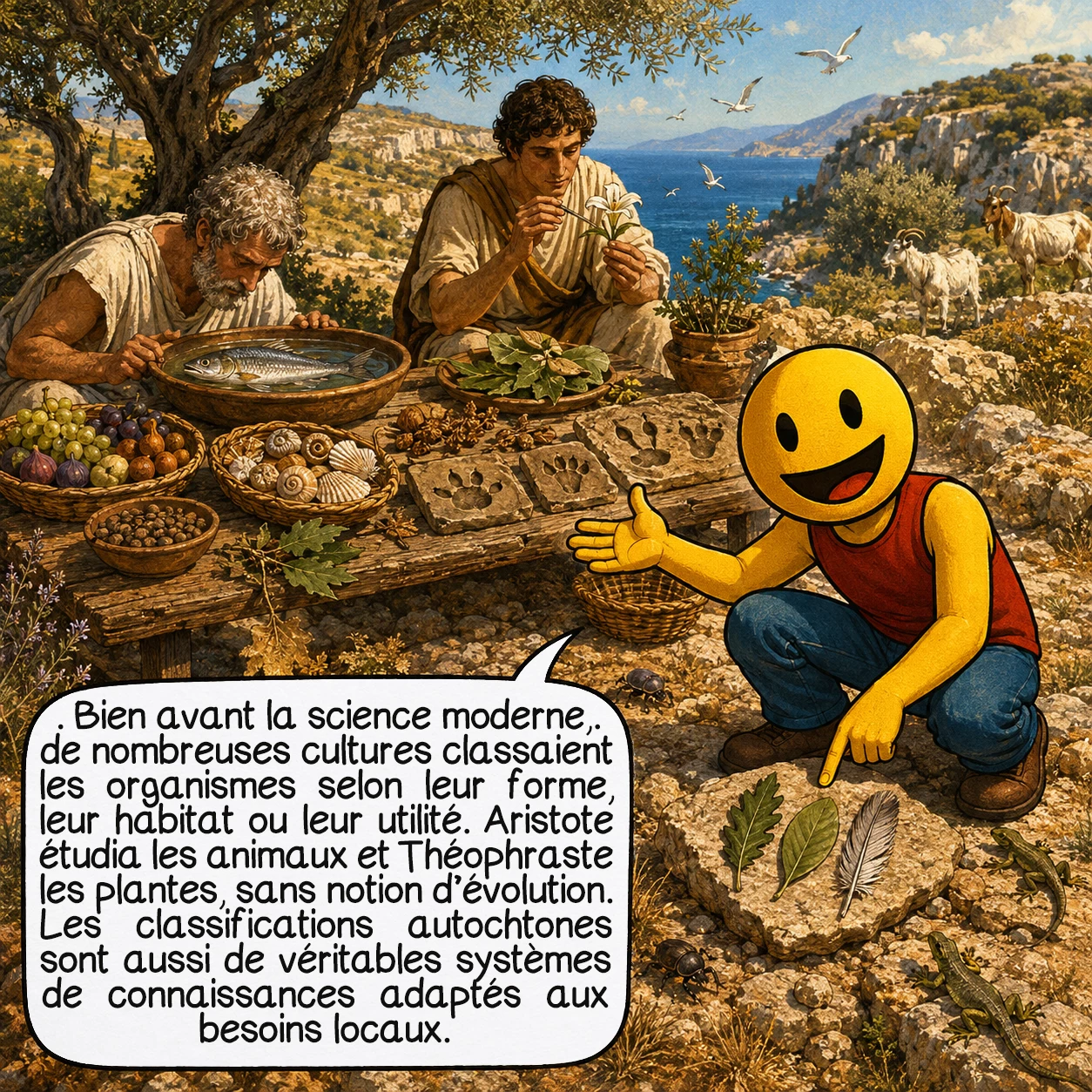 La taxonomie, case 2 : Bien avant la science moderne, de nombreuses cultures classaient déjà les organismes selon leur forme, leur habitat, leur comportement ou leur utilité. Dans l’Antiquité grecque, Aristote étudia les animaux et Théophraste les plantes, mais leurs catégories ne représentaient pas encore l’évolution. Les classifications autochtones restent, elles aussi, de véritables systèmes de connaissances adaptés aux besoins locaux.