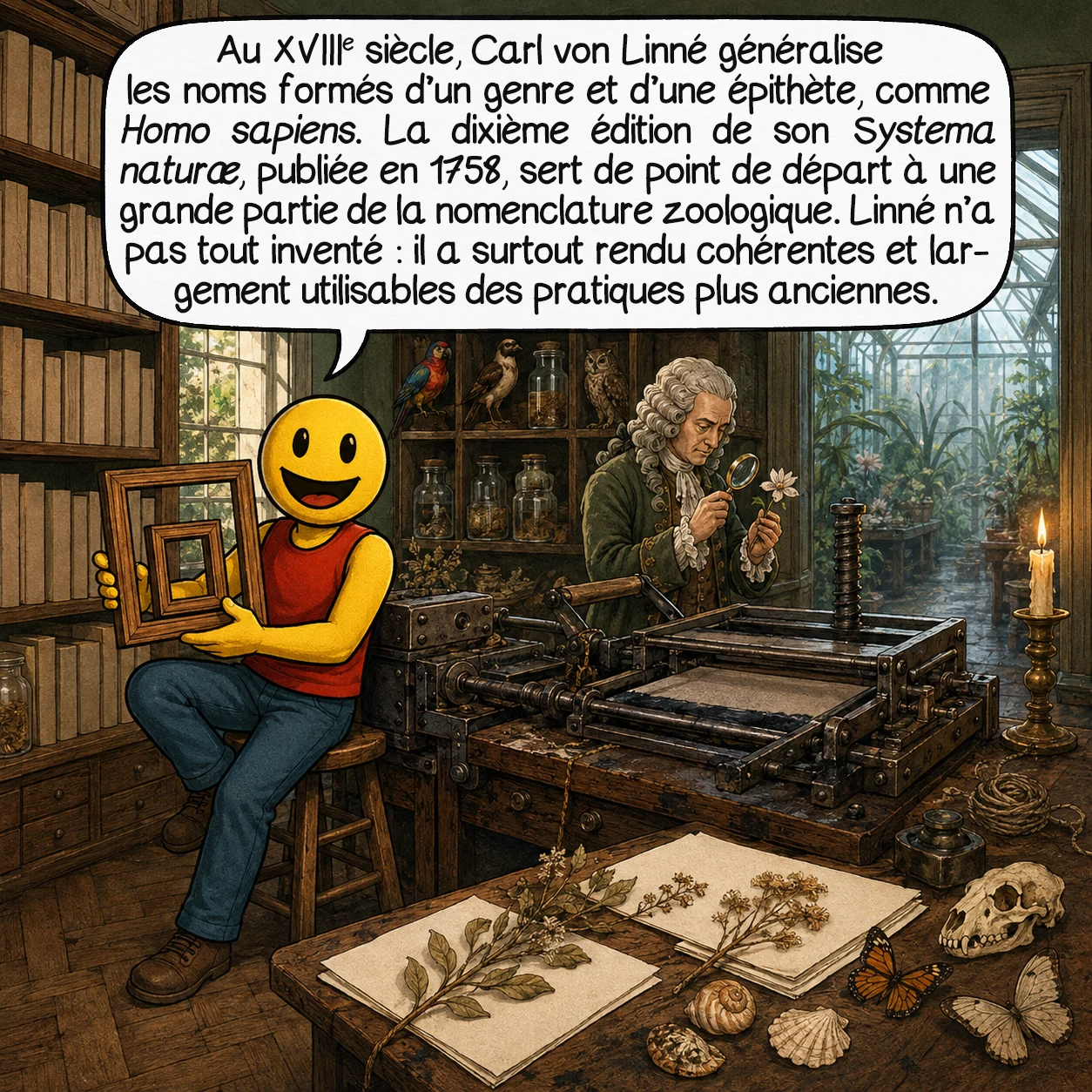 La taxonomie, case 3 : Au XVIIIe siècle, Carl von Linné généralise les noms formés d’un genre et d’une épithète, comme Homo sapiens. La dixième édition de son Systema Naturae, publiée en 1758, sert de point de départ à une grande partie de la nomenclature zoologique. Linné n’a pas tout inventé : il a surtout rendu cohérentes et largement utilisables des pratiques plus anciennes.