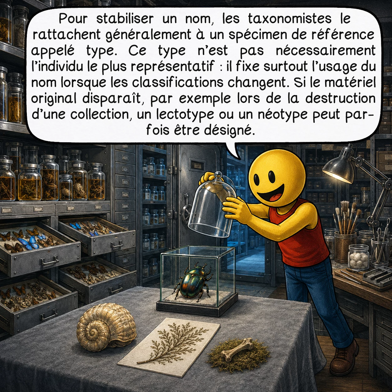 La taxonomie, case 5 : Pour stabiliser un nom, les taxonomistes le rattachent généralement à un spécimen de référence appelé type. Ce type n’est pas nécessairement l’individu le plus représentatif : il fixe surtout l’usage du nom lorsque les classifications changent. Si le matériel original disparaît, par exemple lors de la destruction d’une collection, un lectotype ou un néotype peut parfois être désigné.