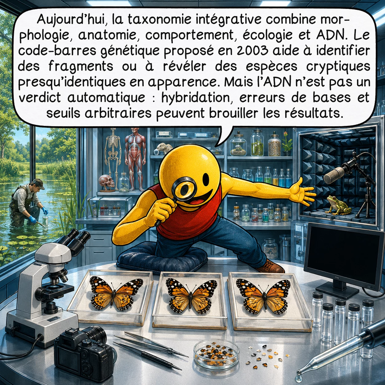 La taxonomie, case 6 : Aujourd’hui, la taxonomie intégrative combine morphologie, anatomie, comportement, écologie et ADN. Le code-barres génétique proposé en 2003 aide à identifier des fragments ou à révéler des espèces cryptiques presque identiques en apparence. Mais l’ADN n’est pas un verdict automatique : hybridation, erreurs de bases et seuils arbitraires peuvent brouiller les résultats.