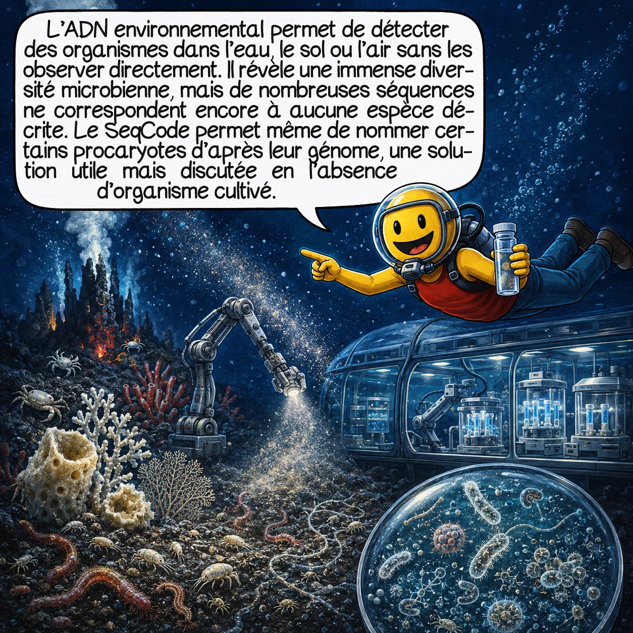 La taxonomie, case 7 : L’ADN environnemental permet de détecter des organismes à partir de l’eau, du sol ou de l’air sans les observer directement. Cette méthode révèle une immense diversité microbienne, mais beaucoup de séquences ne correspondent encore à aucune espèce décrite. Le SeqCode propose même de nommer certains procaryotes d’après leur génome, une solution utile, mais discutée lorsqu’aucun organisme cultivé n’est disponible.