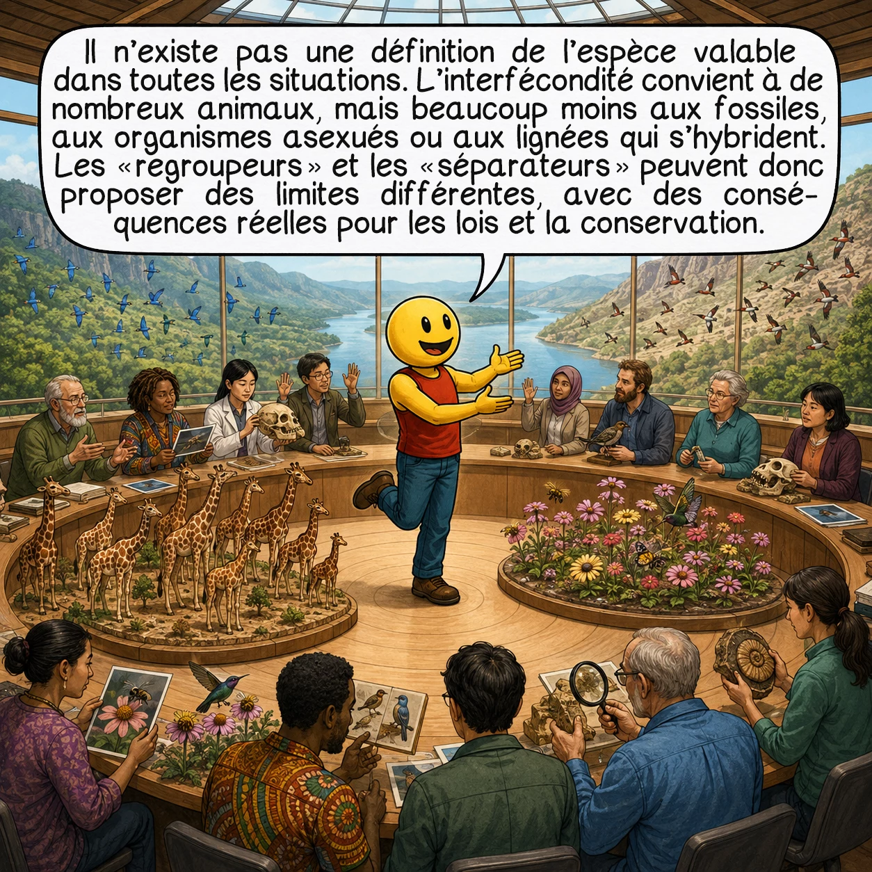 La taxonomie, case 8 : Il n’existe pas une définition de l’espèce valable dans toutes les situations. L’interfécondité convient à de nombreux animaux, mais beaucoup moins aux fossiles, aux organismes asexués ou aux lignées qui s’hybrident. Les « regroupeurs » et les « séparateurs » peuvent donc proposer des limites différentes, avec des conséquences réelles pour les lois et la conservation.