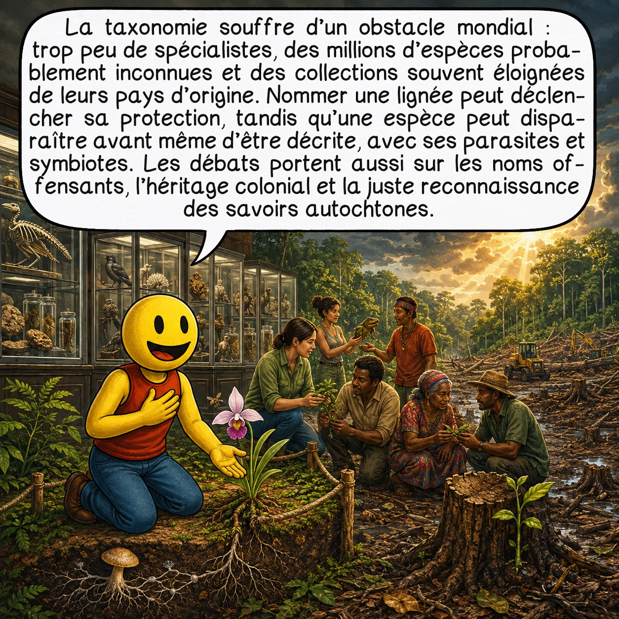 La taxonomie, case 9 : La taxonomie souffre d’un obstacle mondial : trop peu de spécialistes, des millions d’espèces probablement inconnues et des collections souvent éloignées de leurs pays d’origine. Nommer une lignée peut déclencher sa protection, tandis qu’une espèce peut disparaître avant même d’être décrite, avec ses parasites et symbiotes. Les débats portent aussi sur les noms offensants, l’héritage colonial et la juste reconnaissance des savoirs autochtones.