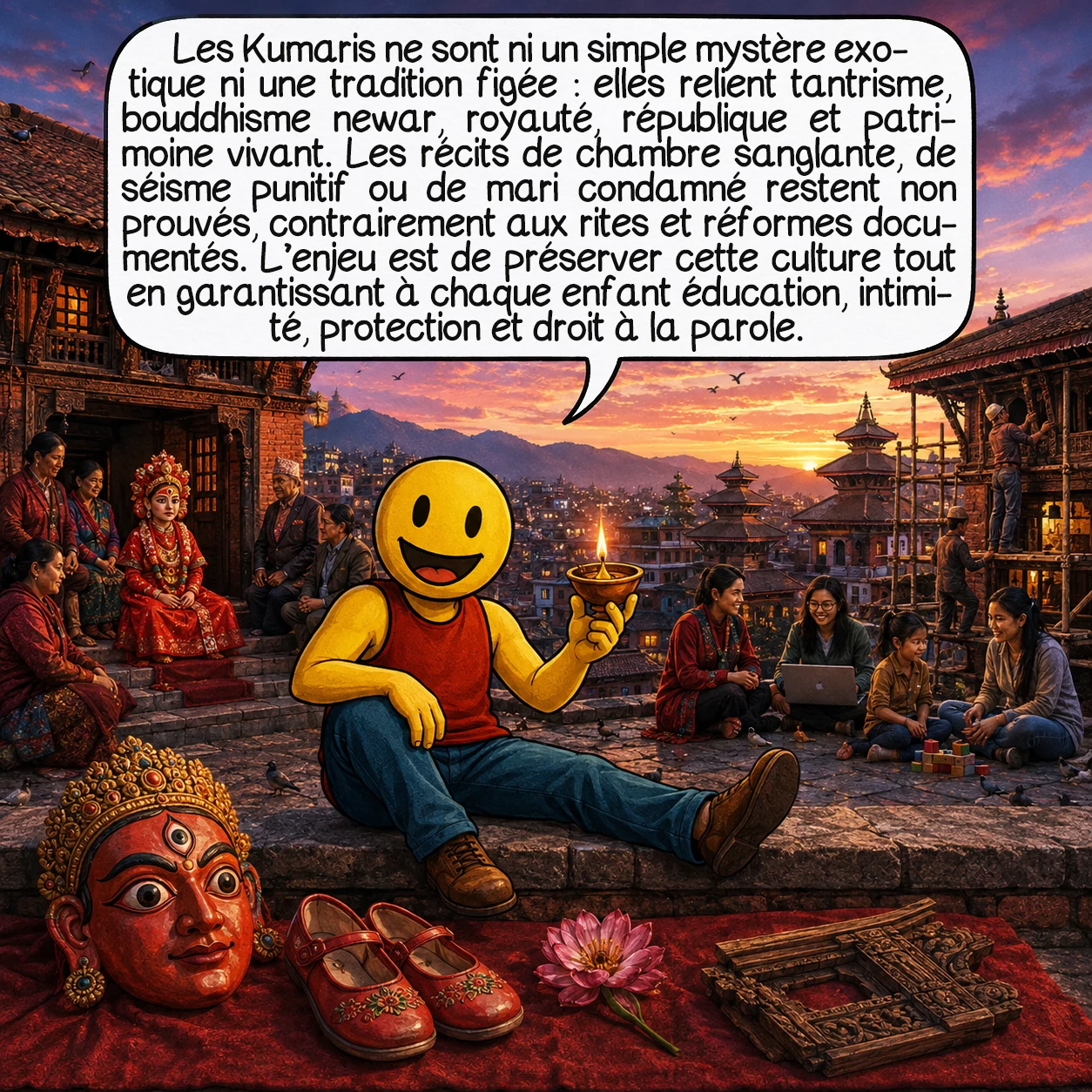 Les Kumaris, case 10 : Les Kumaris ne sont ni un simple mystère exotique ni une tradition restée immobile : elles relient tantrisme, bouddhisme newar, royauté, république et patrimoine vivant. Les histoires de chambre sanglante, de séisme punitif ou de mari condamné relèvent de récits non prouvés, contrairement à la réalité documentée des rites et des réformes. L’enjeu demeure de préserver une culture vivante tout en donnant à chaque enfant éducation, intimité, protection et voix au chapitre.