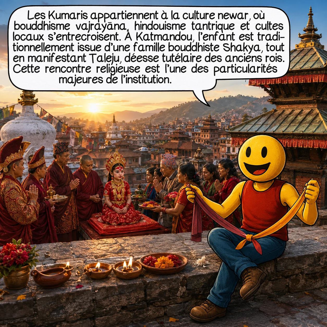 Les Kumaris, case 2 : Les Kumaris appartiennent à la culture newar, où bouddhisme vajrayāna, hindouisme tantrique et cultes locaux s’entrecroisent. À Katmandou, l’enfant est traditionnellement issue d’une famille bouddhiste Shakya, tout en manifestant Taleju, déesse tutélaire des anciens rois. Cette rencontre religieuse est l’une des particularités majeures de l’institution.