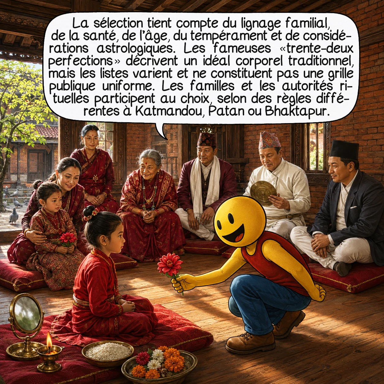 Les Kumaris, case 4 : La sélection tient compte du lignage familial, de la santé, de l’âge, du tempérament et de considérations astrologiques. Les fameuses « trente-deux perfections » décrivent un idéal corporel traditionnel, mais les listes varient et ne constituent pas une grille publique uniforme. Les familles et les autorités rituelles participent au choix, selon des règles différentes à Katmandou, Patan ou Bhaktapur.