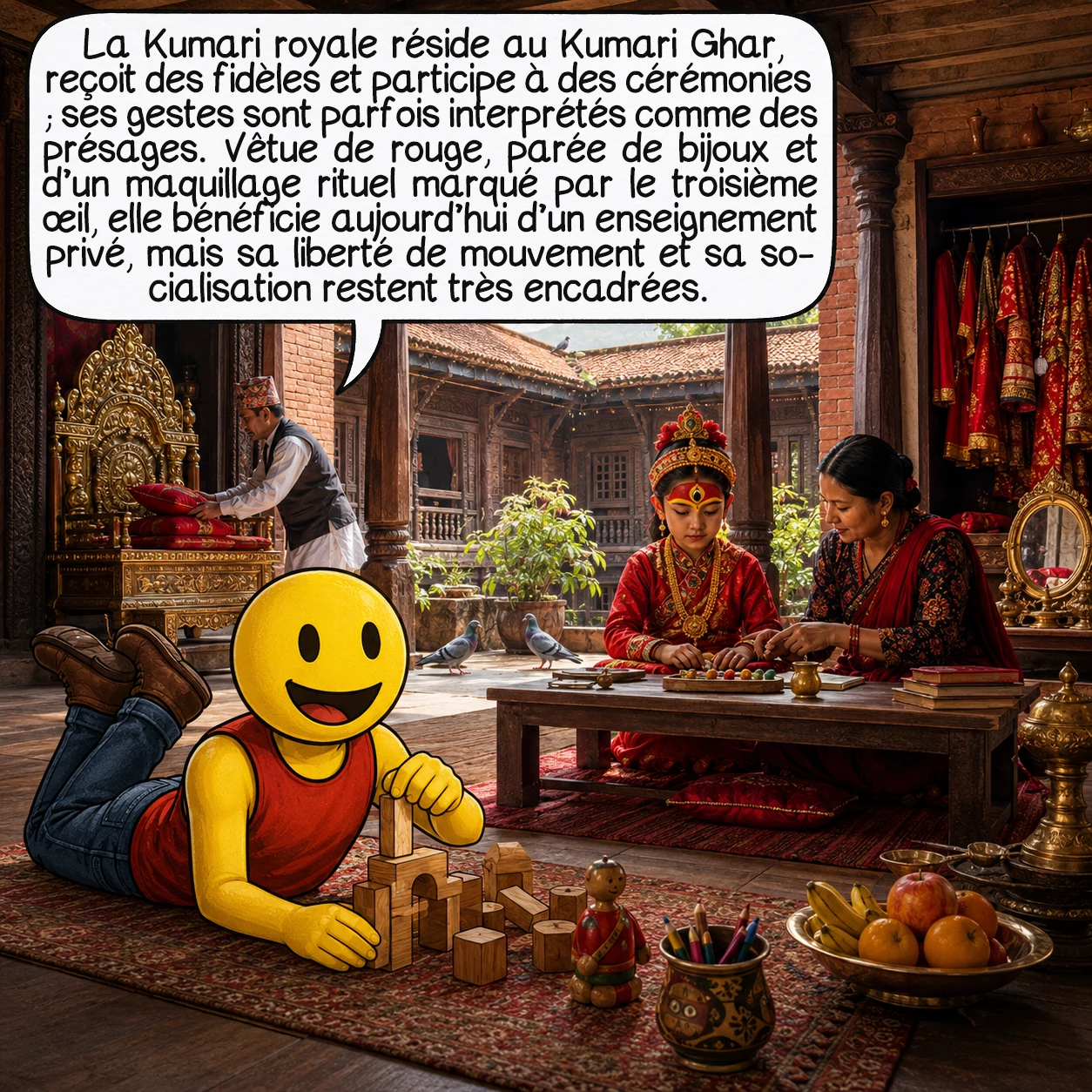 Les Kumaris, case 6 : La Kumari royale réside au Kumari Ghar, reçoit des fidèles et participe à des cérémonies ; ses gestes peuvent être interprétés comme des présages par les croyants. Elle porte le rouge, des bijoux et un maquillage rituel dominé par le troisième œil. Aujourd’hui, elle bénéficie d’un enseignement privé, mais sa liberté de mouvement et sa socialisation restent plus encadrées que celles des autres enfants.
