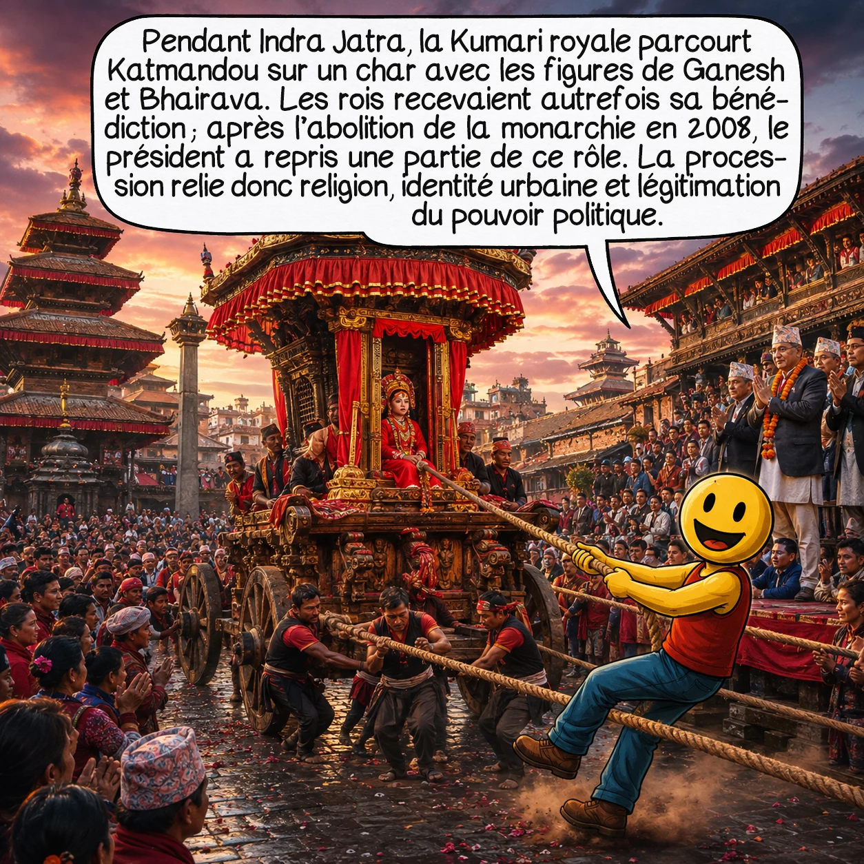 Les Kumaris, case 7 : Pendant Indra Jatra, la Kumari royale parcourt Katmandou sur un char avec les figures de Ganesh et Bhairava. Les rois recevaient autrefois sa bénédiction ; après l’abolition de la monarchie en 2008, le président a repris une partie de ce rôle. La procession relie donc religion, identité urbaine et légitimation du pouvoir politique.