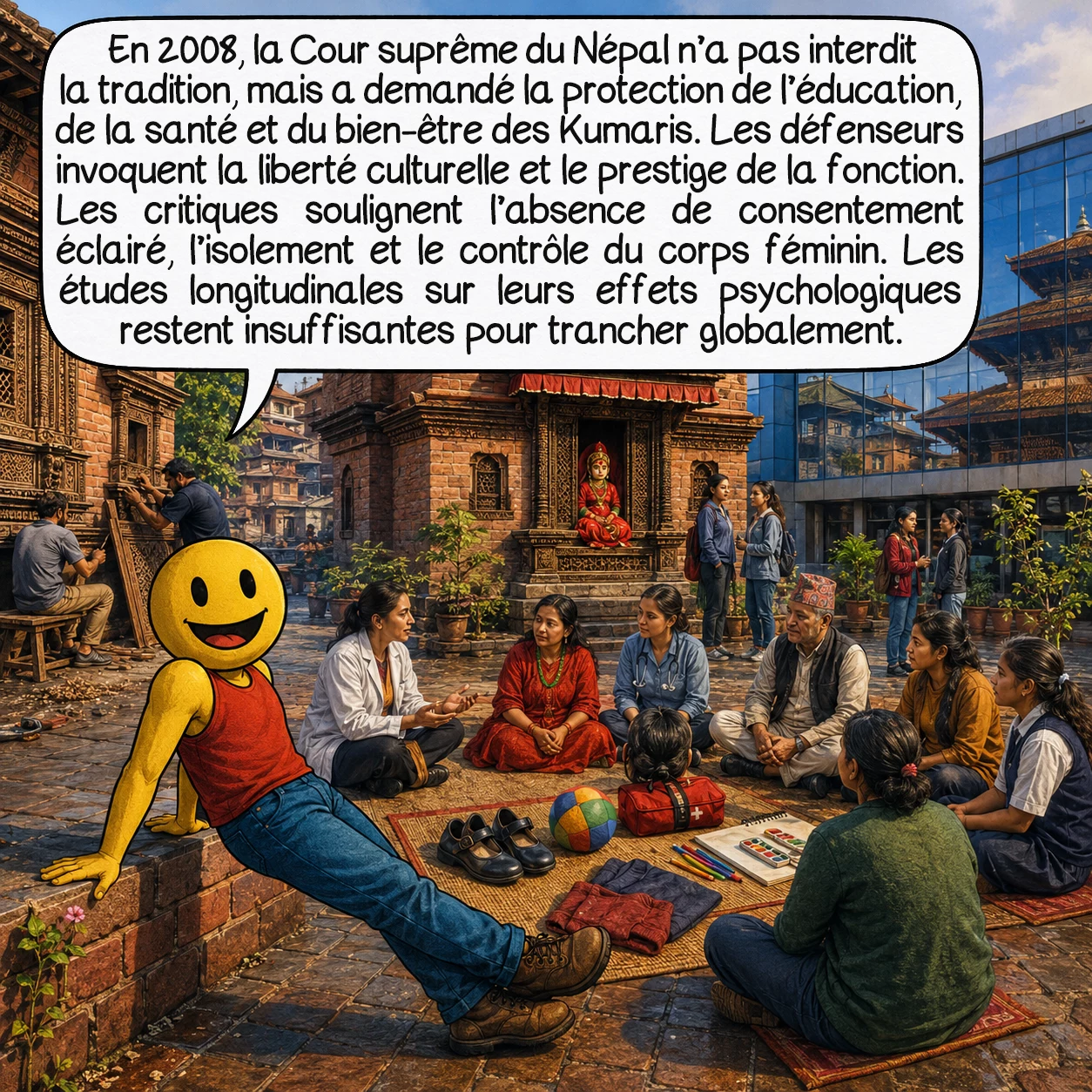 Les Kumaris, case 9 : En 2008, la Cour suprême du Népal n’a pas interdit la tradition, mais a demandé la protection de l’éducation, de la santé et du bien-être des Kumaris. Les défenseurs invoquent la liberté culturelle et le prestige de la fonction ; les critiques soulignent l’absence de consentement éclairé, l’isolement et le contrôle du corps féminin. Les études longitudinales sur leurs effets psychologiques restent insuffisantes pour trancher globalement.