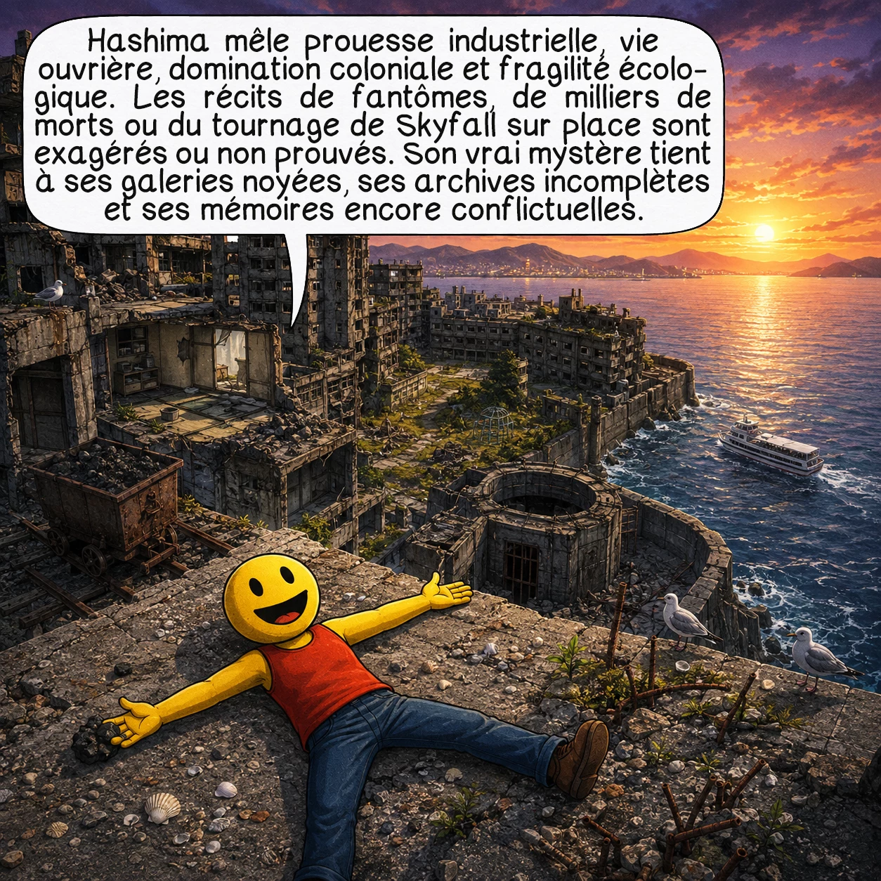 Hashima, case 10 : Hashima n’est ni seulement une prouesse industrielle, ni seulement une ville fantôme : elle réunit innovation, vie ouvrière, domination coloniale et fragilité écologique. Les récits de fantômes, de milliers de morts ou d’un tournage de Skyfall sur place sont non prouvés ou exagérés. Son véritable mystère réside dans ses galeries noyées, ses archives incomplètes et les mémoires qu’il reste à réconcilier.