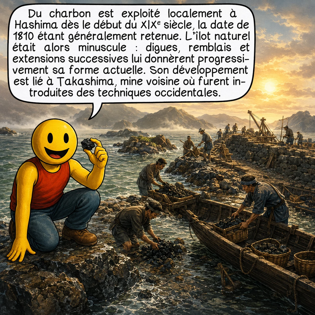 Hashima, case 2 : Du charbon est exploité localement à Hashima dès le début du XIXᵉ siècle, la date de 1810 étant généralement retenue. L’îlot naturel était alors minuscule : digues, remblais et extensions successives lui donnèrent progressivement sa forme actuelle. Son développement est lié à Takashima, mine voisine où furent introduites des techniques occidentales.