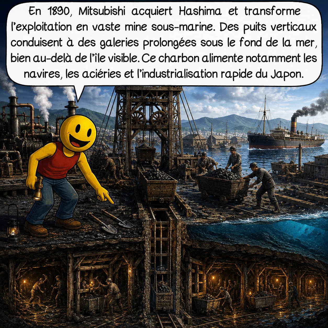 Hashima, case 3 : En 1890, Mitsubishi acquiert Hashima et transforme l’exploitation en vaste mine sous-marine. Des puits verticaux conduisent à des galeries prolongées sous le fond de la mer, bien au-delà de l’île visible. Ce charbon alimente notamment les navires, les aciéries et l’industrialisation rapide du Japon.