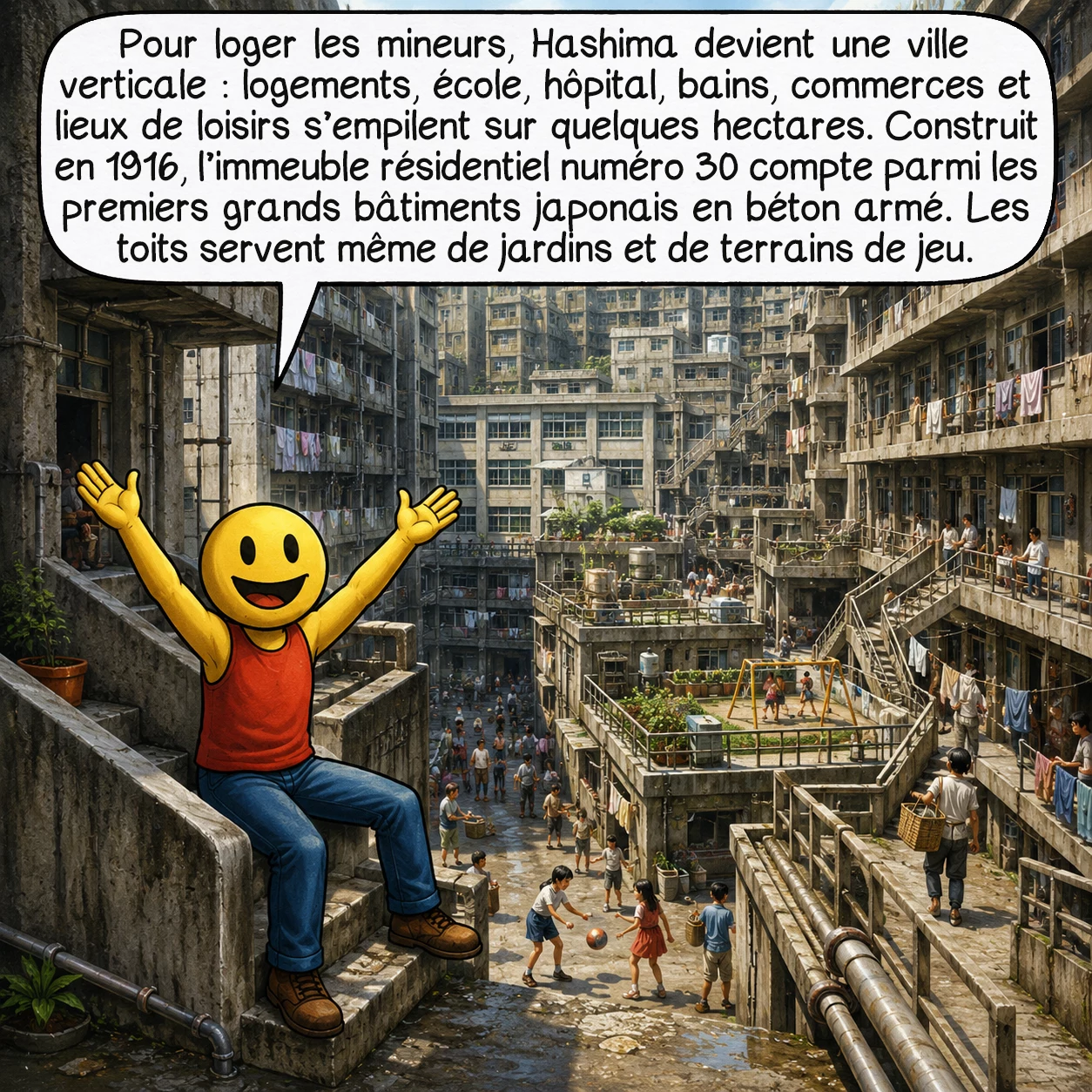 Hashima, case 4 : Pour loger les mineurs, Hashima devient une ville verticale : logements, école, hôpital, bains, commerces et lieux de loisirs s’empilent sur quelques hectares. Construit en 1916, l’immeuble résidentiel numéro 30 compte parmi les premiers grands bâtiments japonais en béton armé. Les toits servent même de jardins et de terrains de jeu.