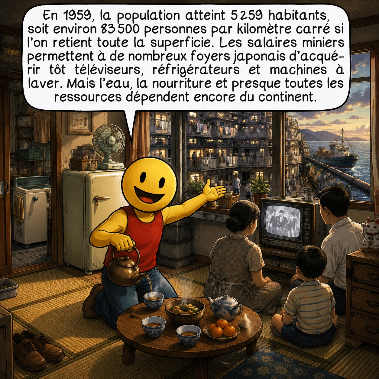 Hashima, case 5 : En 1959, la population atteint 5 259 habitants, soit environ 83 500 personnes par kilomètre carré si l’on retient toute la superficie. Les salaires miniers permettent à de nombreux foyers japonais d’acquérir tôt téléviseurs, réfrigérateurs et machines à laver. Mais l’eau, la nourriture et presque toutes les ressources dépendent encore du continent.