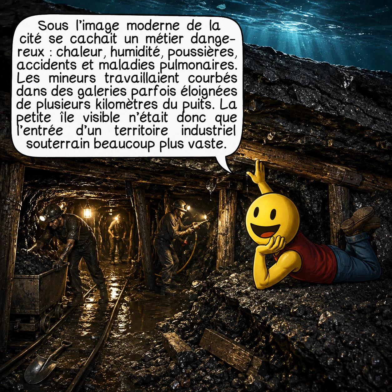 Hashima, case 6 : Sous l’image moderne de la cité se cachait un métier dangereux : chaleur, humidité, poussières, accidents et maladies pulmonaires. Les mineurs travaillaient courbés dans des galeries parfois éloignées de plusieurs kilomètres du puits. La petite île visible n’était donc que l’entrée d’un territoire industriel souterrain beaucoup plus vaste.