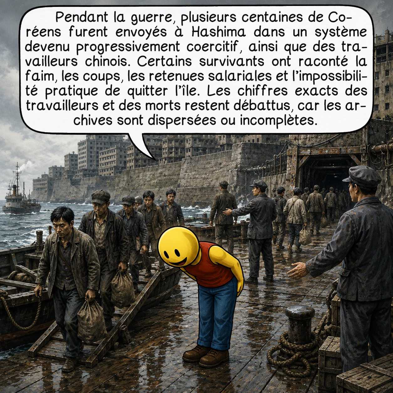 Hashima, case 7 : Pendant la guerre, plusieurs centaines de Coréens furent envoyés à Hashima dans un système devenu progressivement coercitif, ainsi que des travailleurs chinois. Certains survivants ont raconté la faim, les coups, les retenues salariales et l’impossibilité pratique de quitter l’île. Les chiffres exacts des travailleurs et des morts restent débattus, car les archives sont dispersées ou incomplètes.