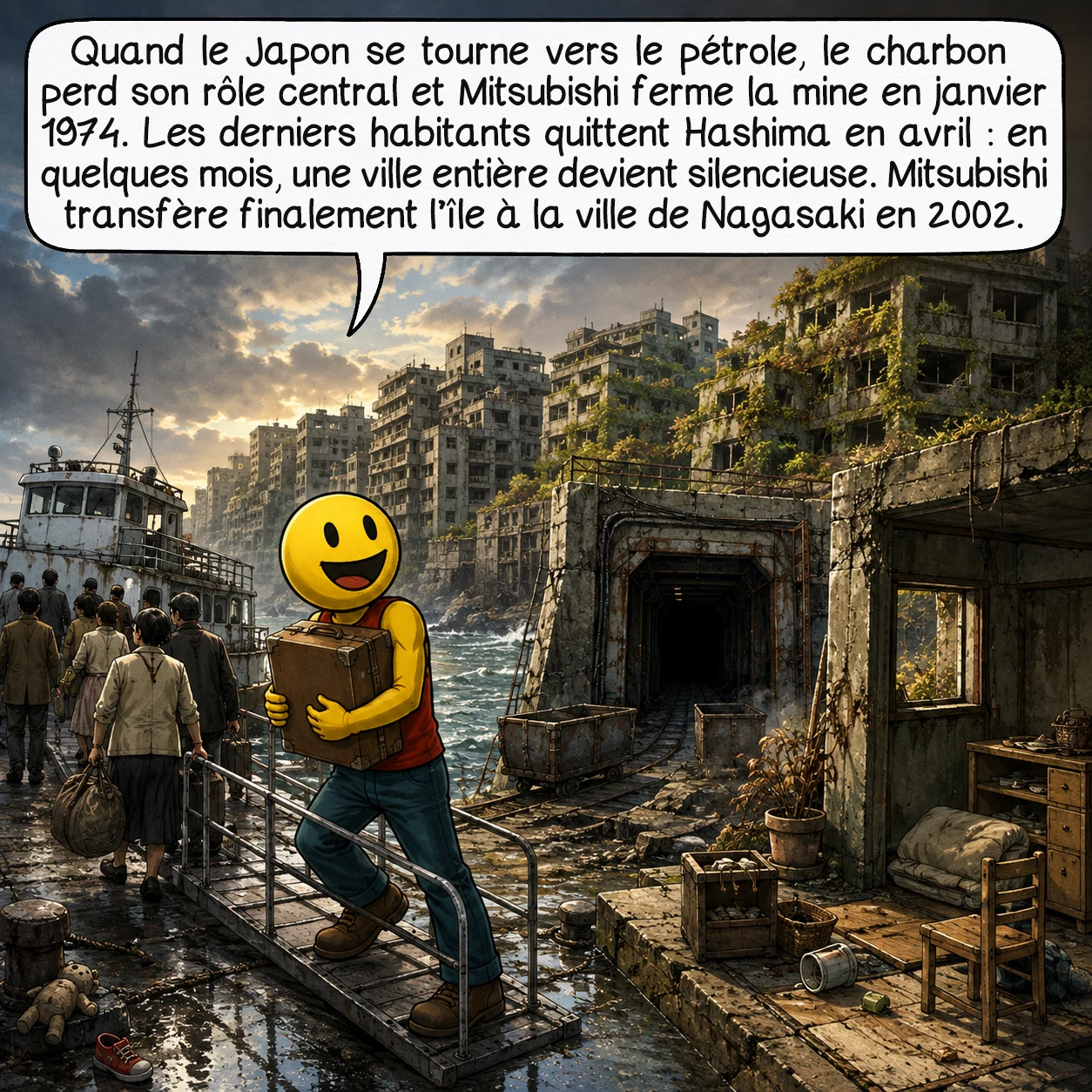 Hashima, case 8 : Quand le Japon se tourne vers le pétrole, le charbon perd son rôle central et Mitsubishi ferme la mine en janvier 1974. Les derniers habitants quittent Hashima en avril : en quelques mois, une ville entière devient silencieuse. Mitsubishi transfère finalement l’île à la ville de Nagasaki en 2002.