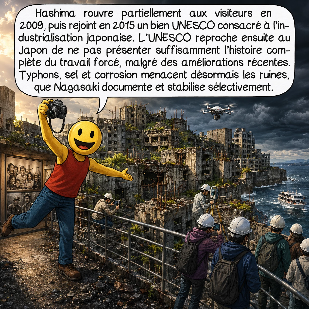 Hashima, case 9 : Hashima rouvre partiellement aux visiteurs en 2009, puis rejoint en 2015 un bien UNESCO consacré à l’industrialisation japonaise. L’UNESCO reproche ensuite au Japon de ne pas présenter suffisamment l’histoire complète du travail forcé, malgré des améliorations récentes. Typhons, sel et corrosion menacent désormais les ruines, que Nagasaki documente et stabilise sélectivement.