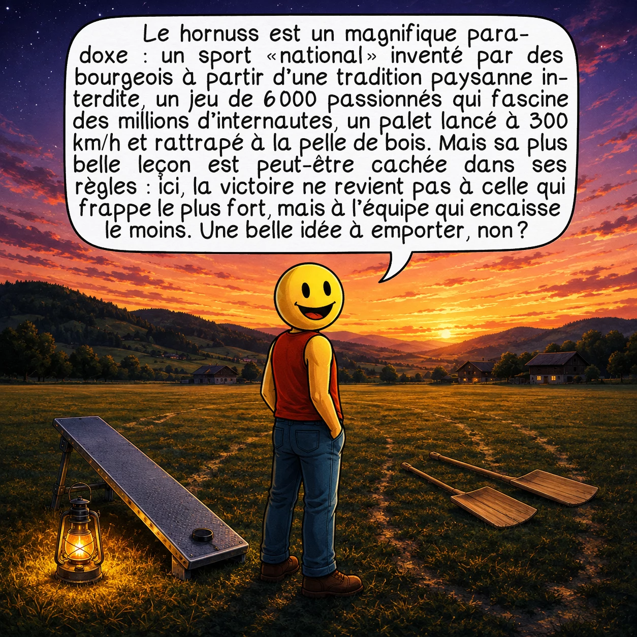Le hornuss, case 10 : Le hornuss est un magnifique paradoxe : un sport « national » inventé par des bourgeois à partir d’une tradition paysanne interdite, un jeu de 6 000 passionnés qui fascine des millions d’internautes, un palet lancé à 300 km/h et rattrapé à la pelle de bois. Mais sa plus belle leçon est peut-être cachée dans ses règles : ici, la victoire ne revient pas à celle qui frappe le plus fort, mais à l’équipe qui encaisse le moins. Une belle idée à emporter, non ?