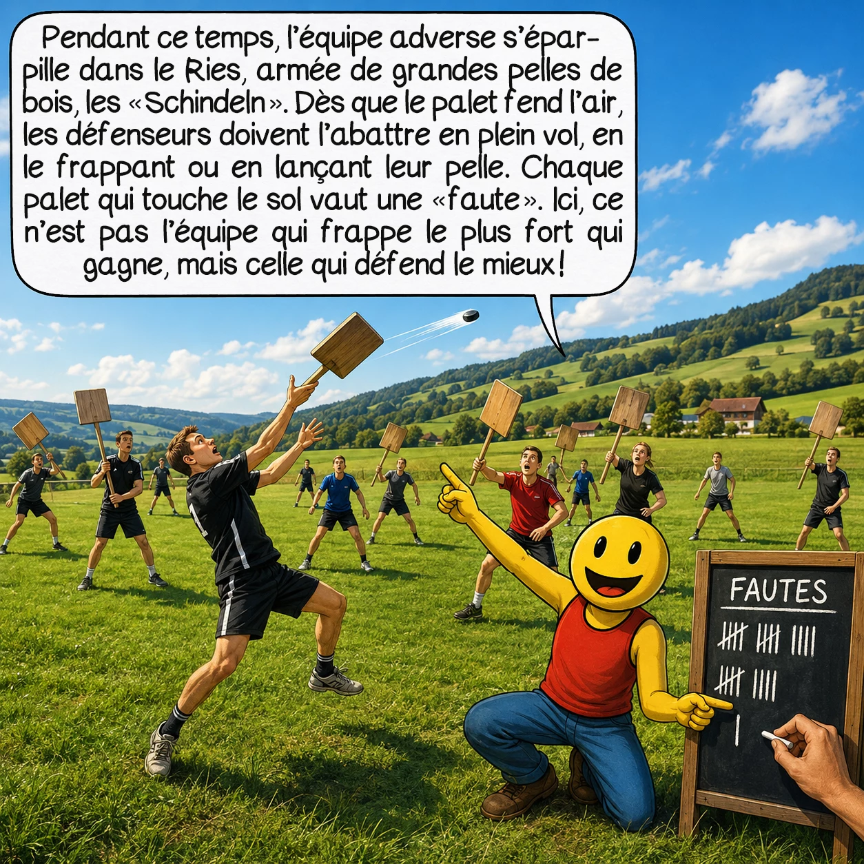 Le hornuss, case 3 : Pendant ce temps, l’équipe adverse s’éparpille dans le Ries, armée de grandes pelles de bois : les « Schindeln ». Dès que le palet fend l’air — quelques secondes seulement ! —, les défenseurs doivent l’abattre en plein vol, en le frappant ou en projetant leur pelle vers le ciel. Chaque palet qui touche le sol sans avoir été intercepté vaut une « faute » inscrite contre les défenseurs. Et voici toute la subtilité : ce n’est pas l’équipe qui frappe le plus fort qui gagne, mais celle qui encaisse le moins de fautes. Autrement dit, celle qui défend le mieux !