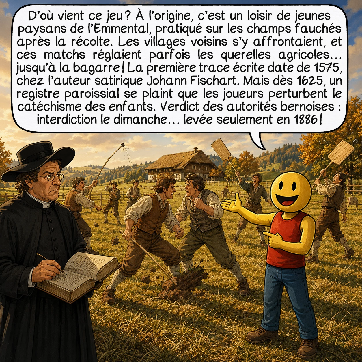 Le hornuss, case 5 : D’où vient ce jeu ? À l’origine, c’est un loisir de jeunes paysans de l’Emmental, pratiqué sur les champs fauchés après la récolte. Les villages voisins s’y affrontaient, et ces matchs réglaient parfois les querelles agricoles… jusqu’à la bagarre ! La première trace écrite date de 1575, chez l’auteur satirique Johann Fischart. Mais dès 1625, un registre paroissial se plaint que les joueurs perturbent le catéchisme des enfants. Verdict des autorités bernoises : interdiction le dimanche… levée seulement en 1886 !