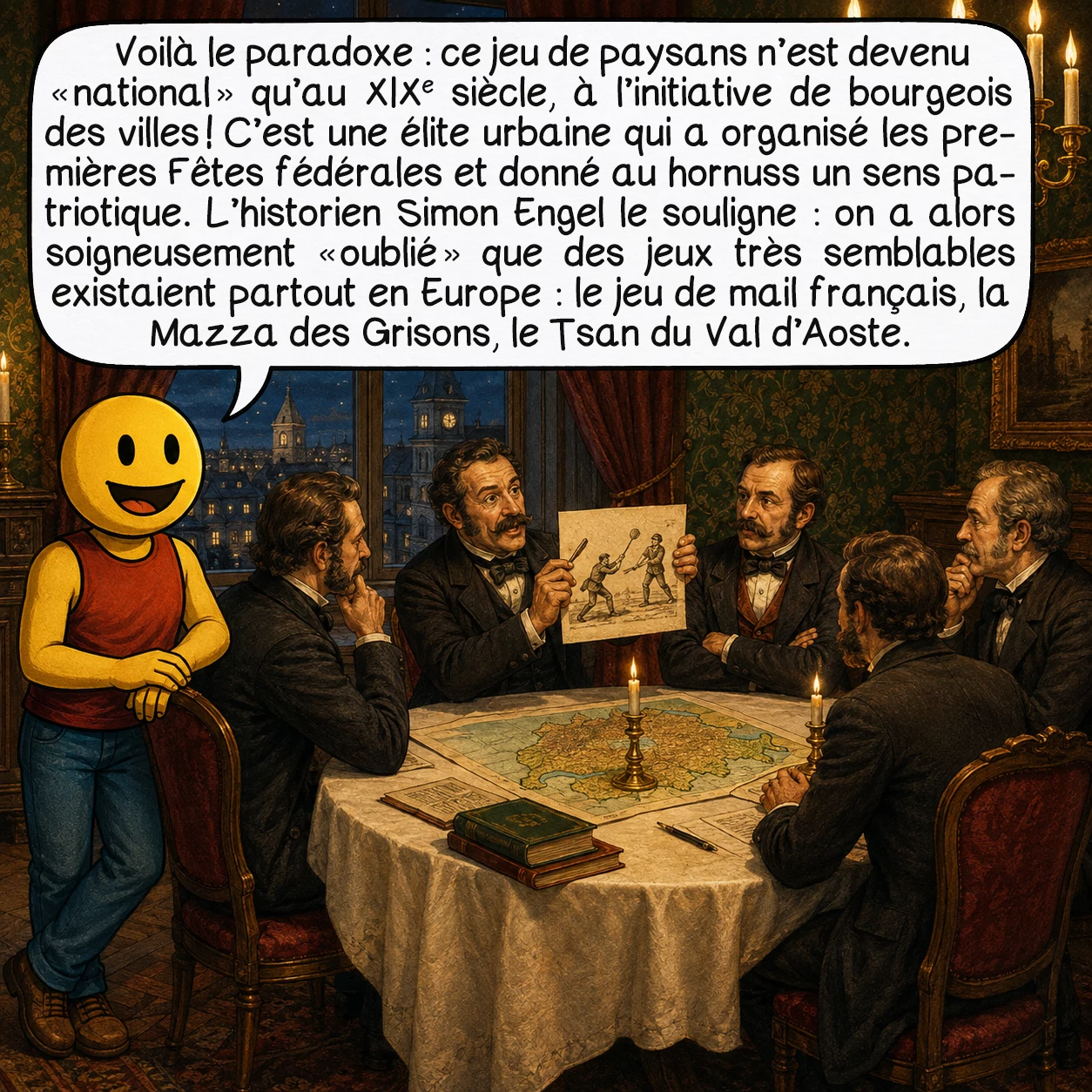Le hornuss, case 6 : Voilà le paradoxe : ce jeu de paysans n’est devenu « national » qu’au XIXe siècle — à l’initiative de bourgeois des villes ! C’est une élite urbaine qui a organisé les premières Fêtes fédérales et donné au hornuss un sens patriotique. L’historien Simon Engel le souligne : on a alors soigneusement « oublié » que des jeux très semblables existaient partout en Europe — le jeu de mail français, la Mazza des Grisons, le Tsan du Val d’Aoste.