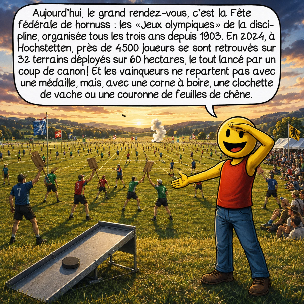 Le hornuss, case 7 : Aujourd’hui, le grand rendez-vous, c’est la Fête fédérale de hornuss — les « Jeux olympiques » de la discipline, organisée tous les trois ans depuis 1903. En 2024, à Hochstetten, près de 4 500 joueurs se sont retrouvés sur 32 terrains déployés sur 60 hectares, le tout lancé par un coup de canon ! Et les vainqueurs ne repartent pas avec une médaille, mais, avec une corne à boire, une clochette de vache ou une couronne de feuilles de chêne.