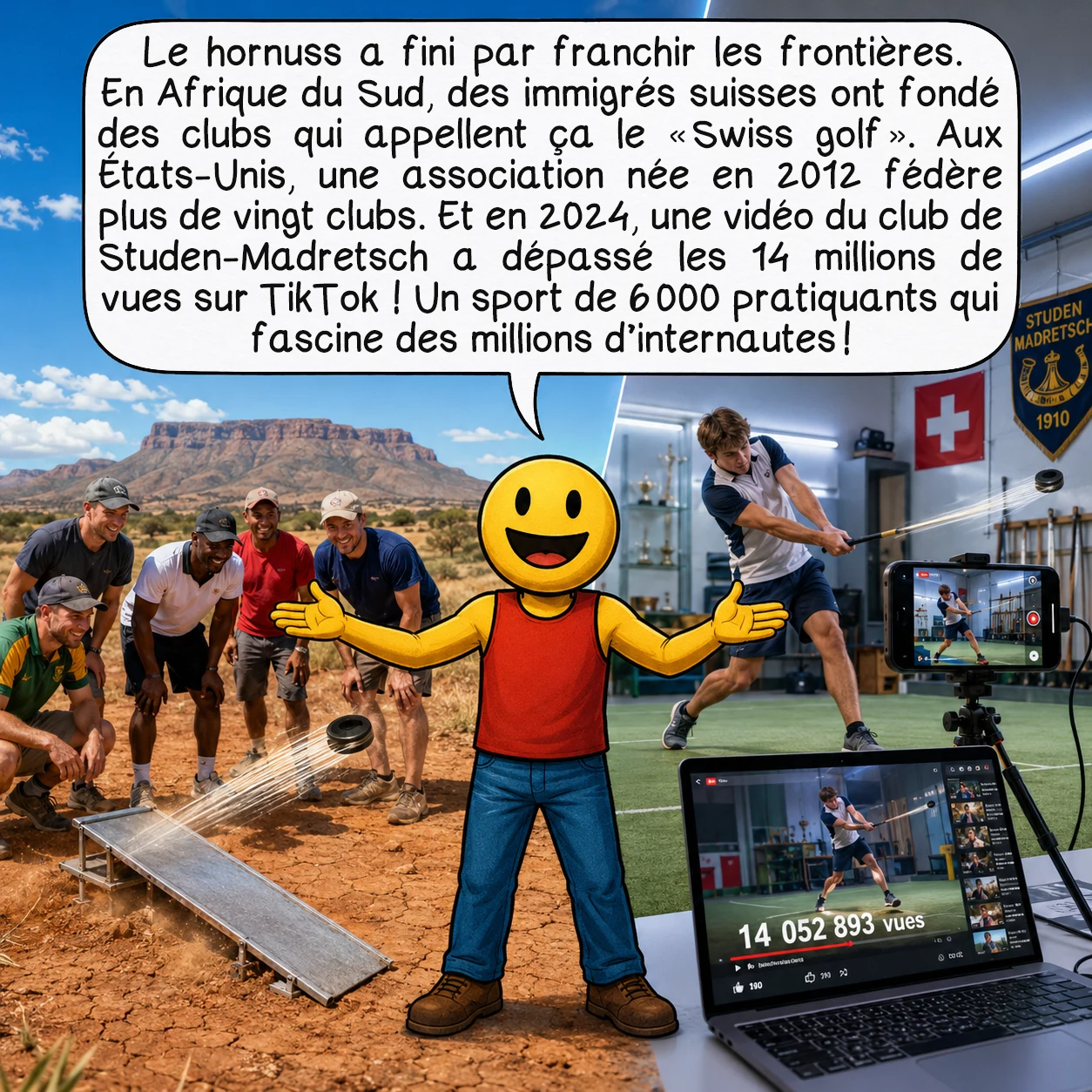 Le hornuss, case 8 : Le hornuss a fini par franchir les frontières. En Afrique du Sud, des immigrés suisses ont fondé des clubs qui appellent ça le « Swiss Golf ». Aux États-Unis, une association née en 2012 fédère plus de vingt clubs. Et en 2024, une vidéo du club de Studen-Madretsch a dépassé les 14 millions de vues sur TikTok — un sport de 6 000 pratiquants qui fascine des millions d’internautes !